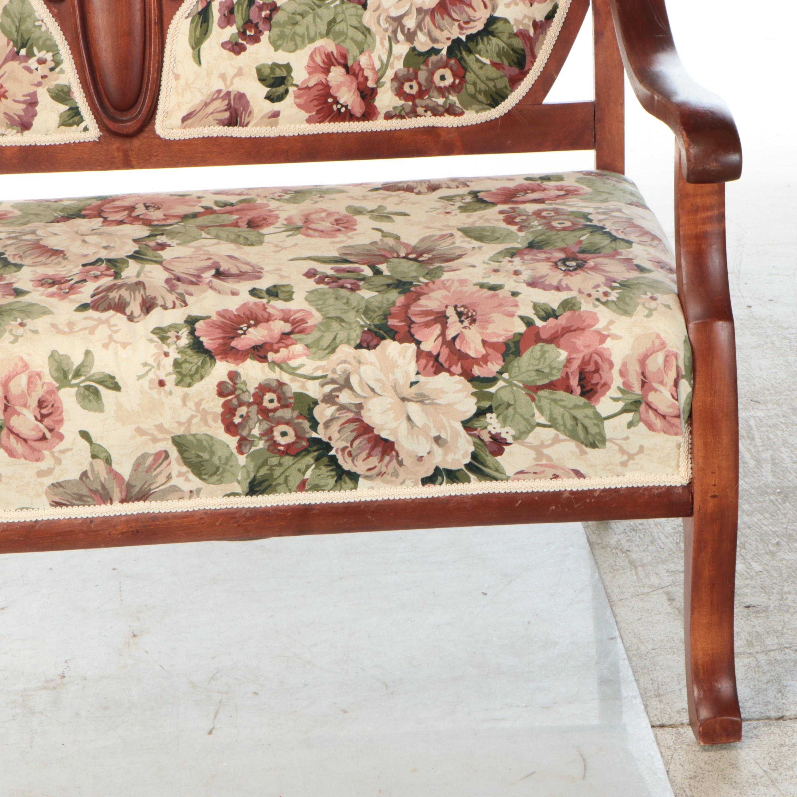 Victorian Style Floral Upholstered and Carved Walnut Settee