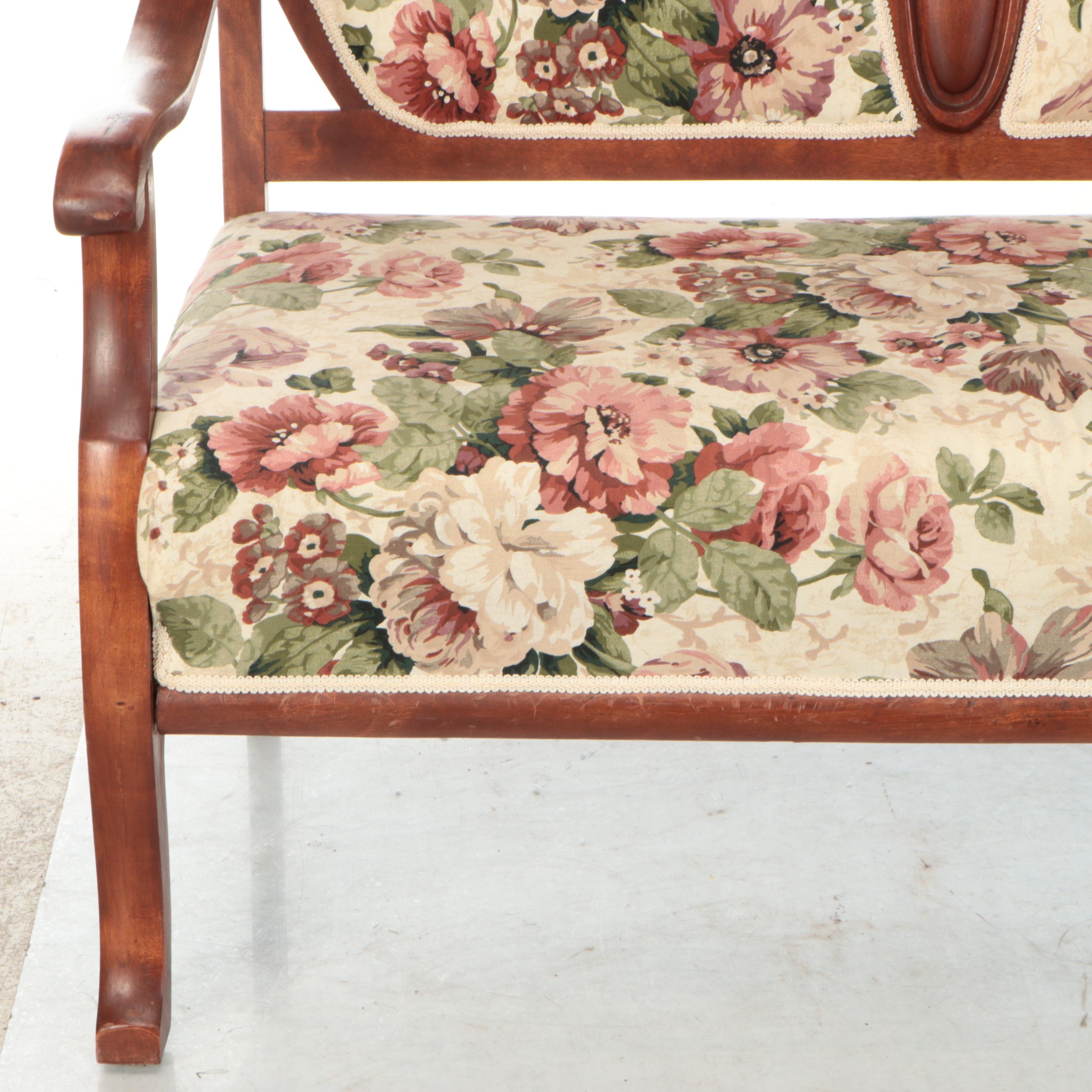 Victorian Style Floral Upholstered and Carved Walnut Settee