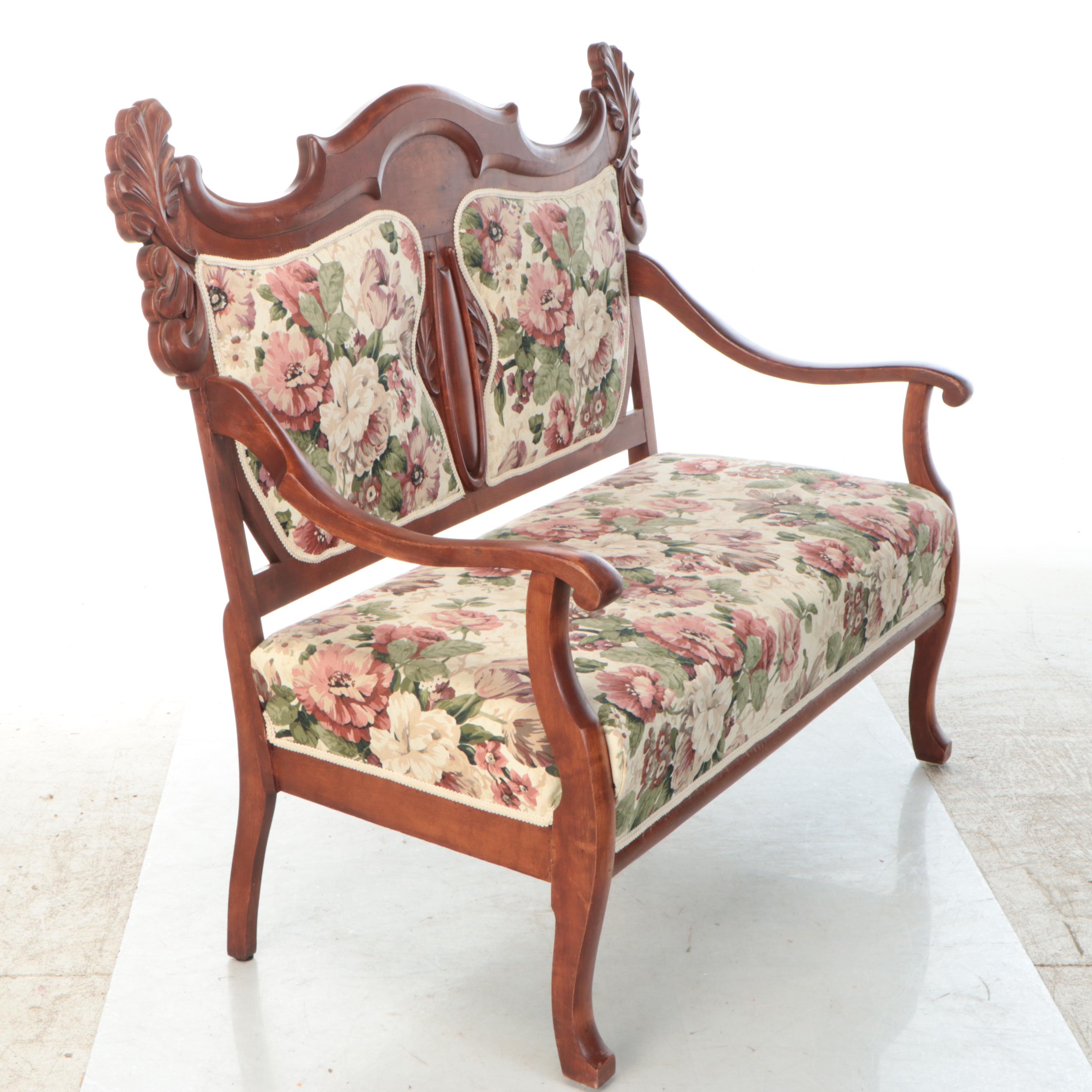 Victorian Style Floral Upholstered and Carved Walnut Settee