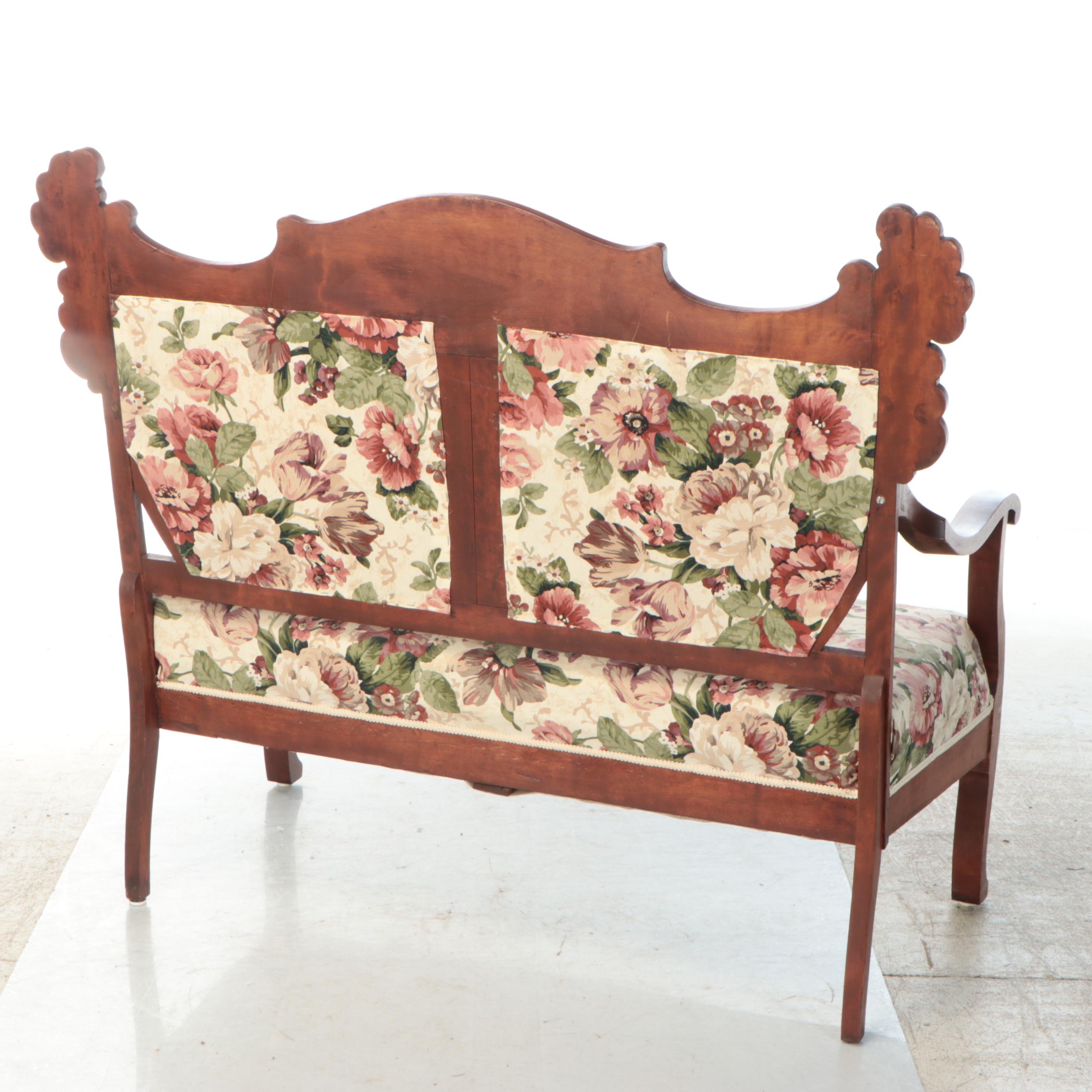 Victorian Style Floral Upholstered and Carved Walnut Settee
