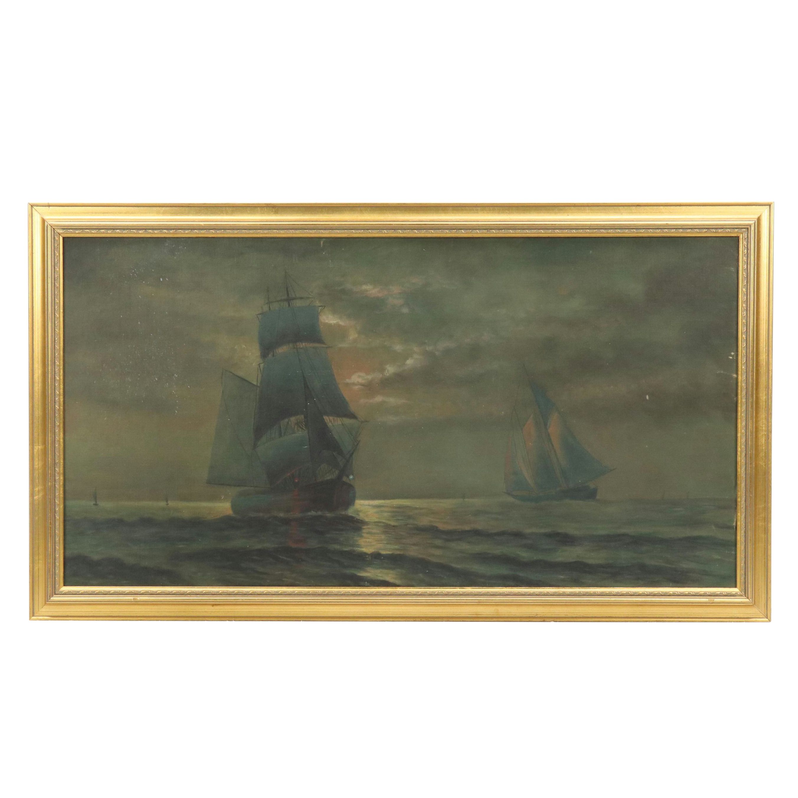 Maritime Oil Painting of Sailing Ships, 19th Century