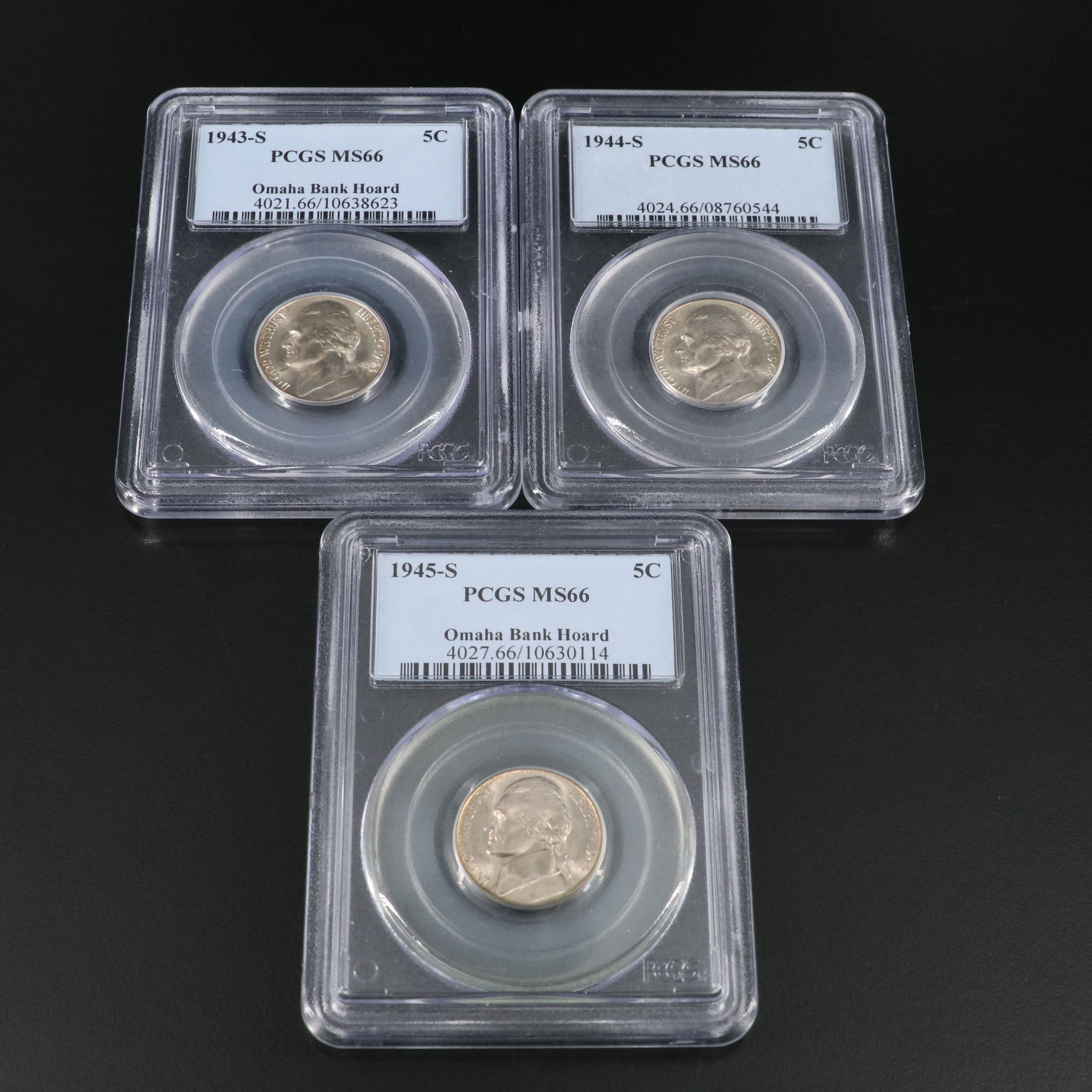 Collection of Three PCGS MS66 Silver War Nickels 1943-S, 1944-S, and 1945-S