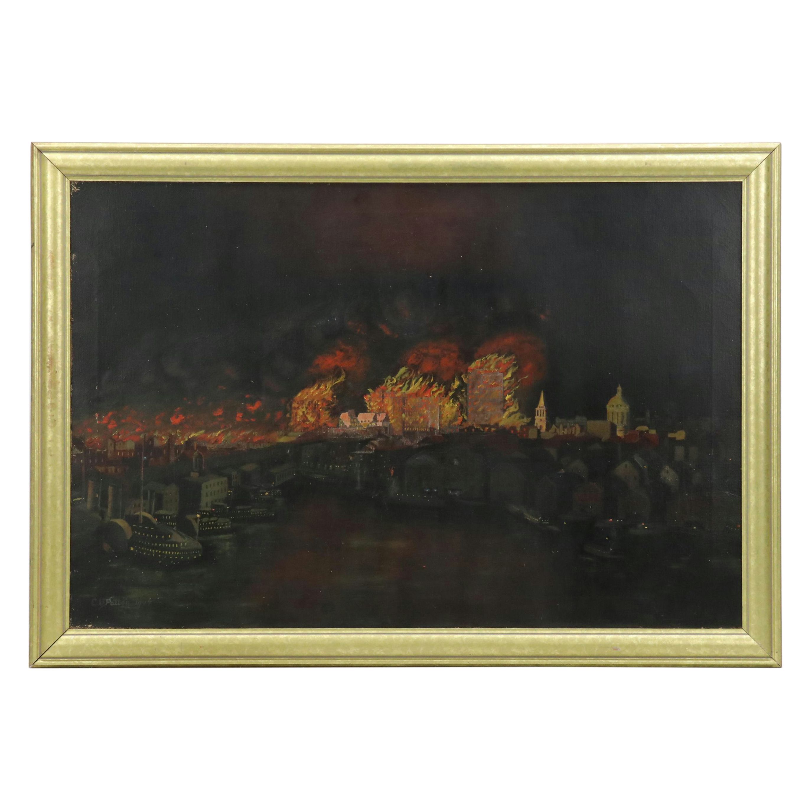 C.B. Patton Nocturne Oil Painting of Burning Cityscape, 1904