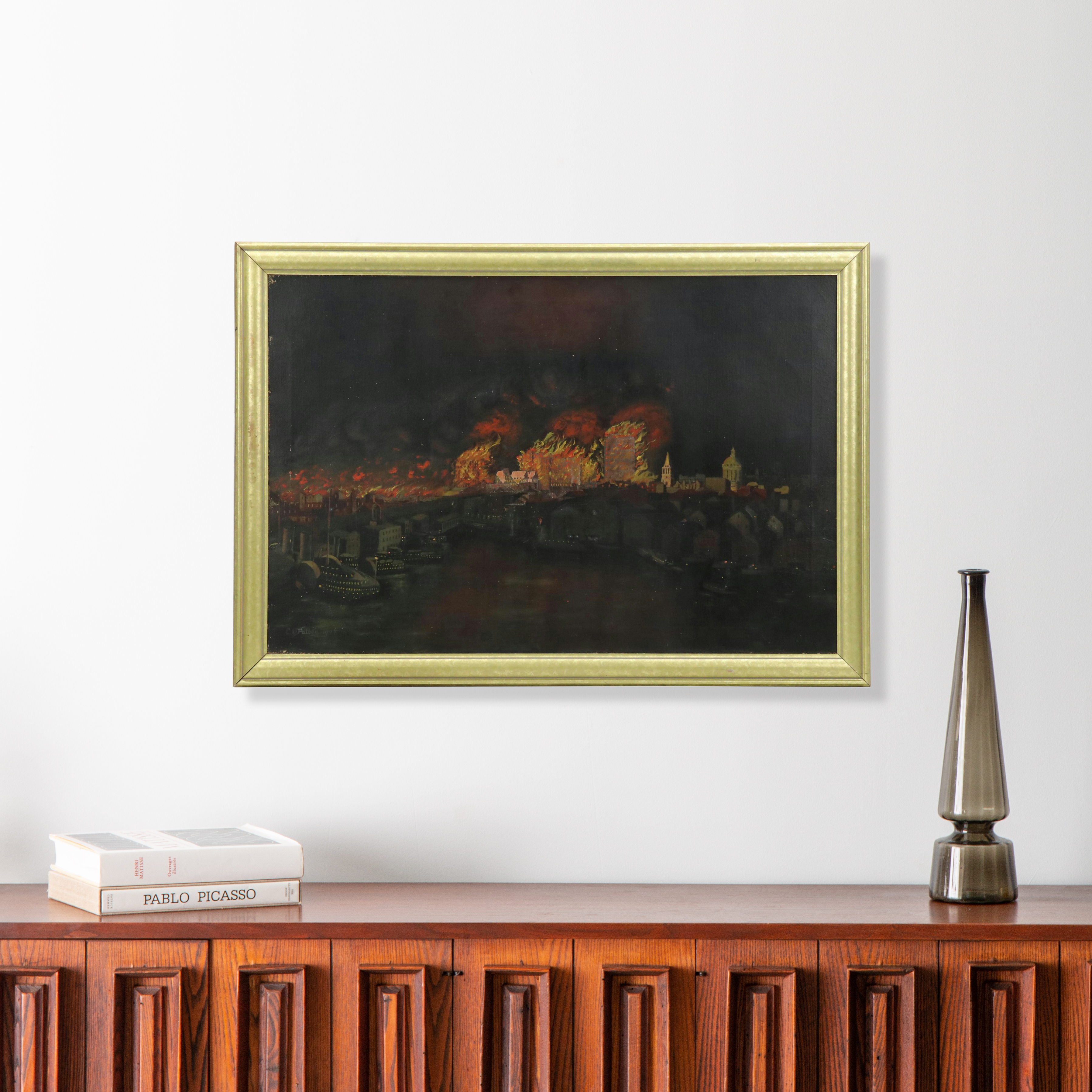 C.B. Patton Nocturne Oil Painting of Burning Cityscape, 1904