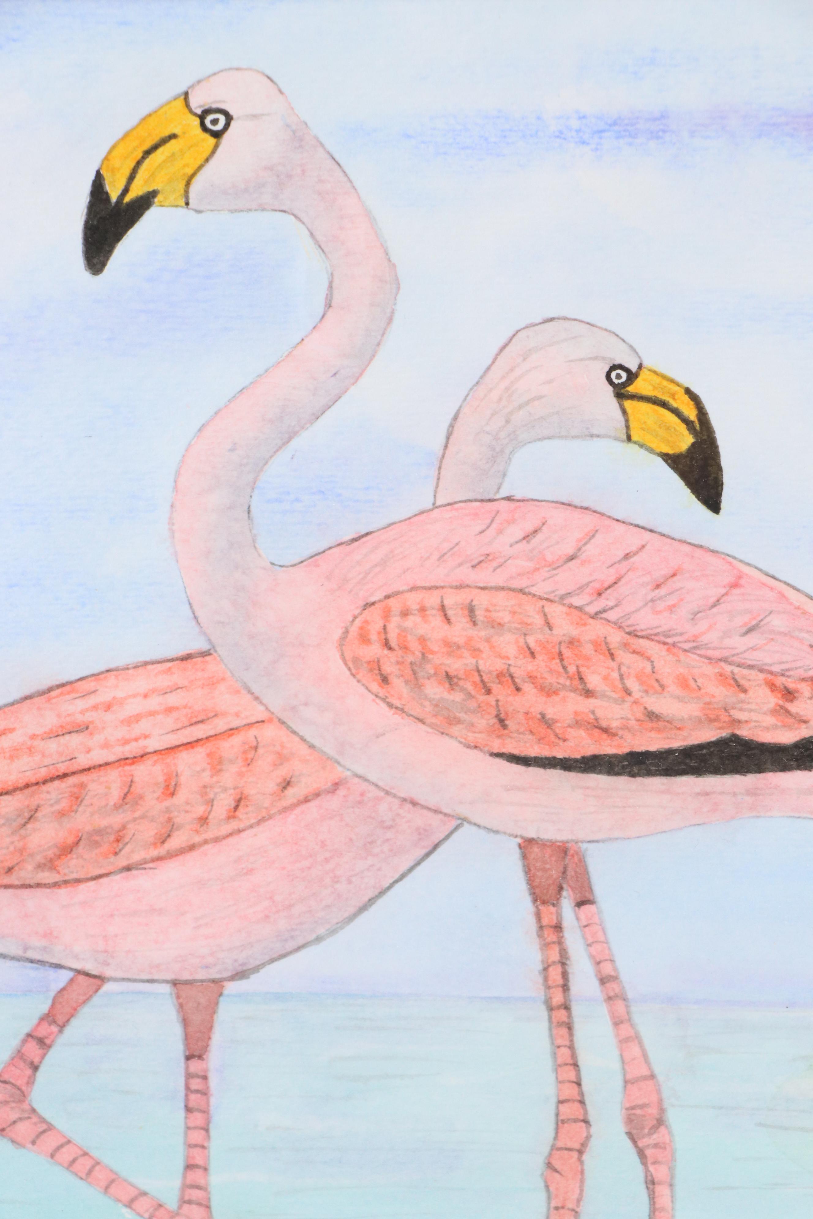 Coastal Landscape With Flamingoes Watercolor Painting