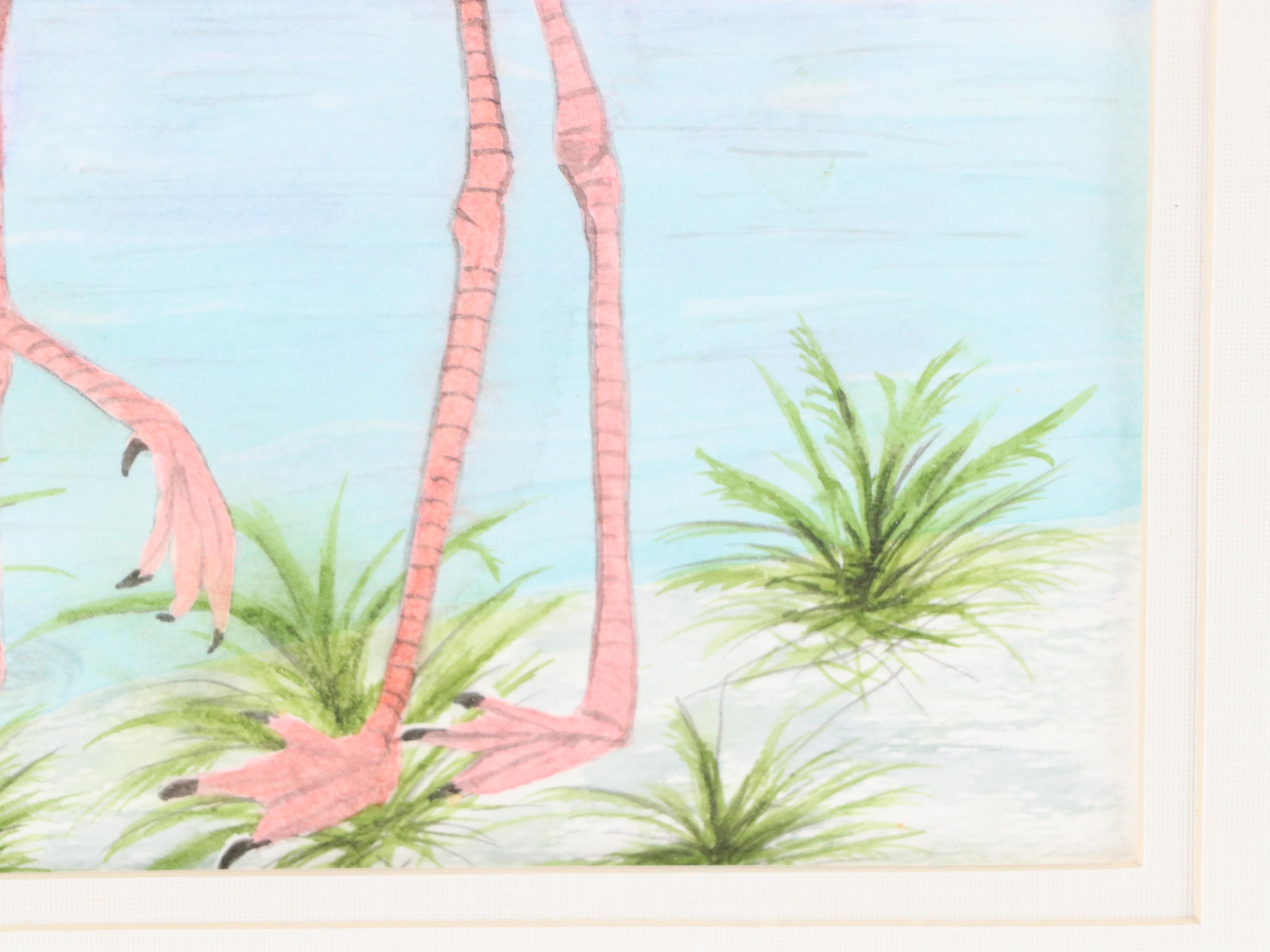 Coastal Landscape With Flamingoes Watercolor Painting