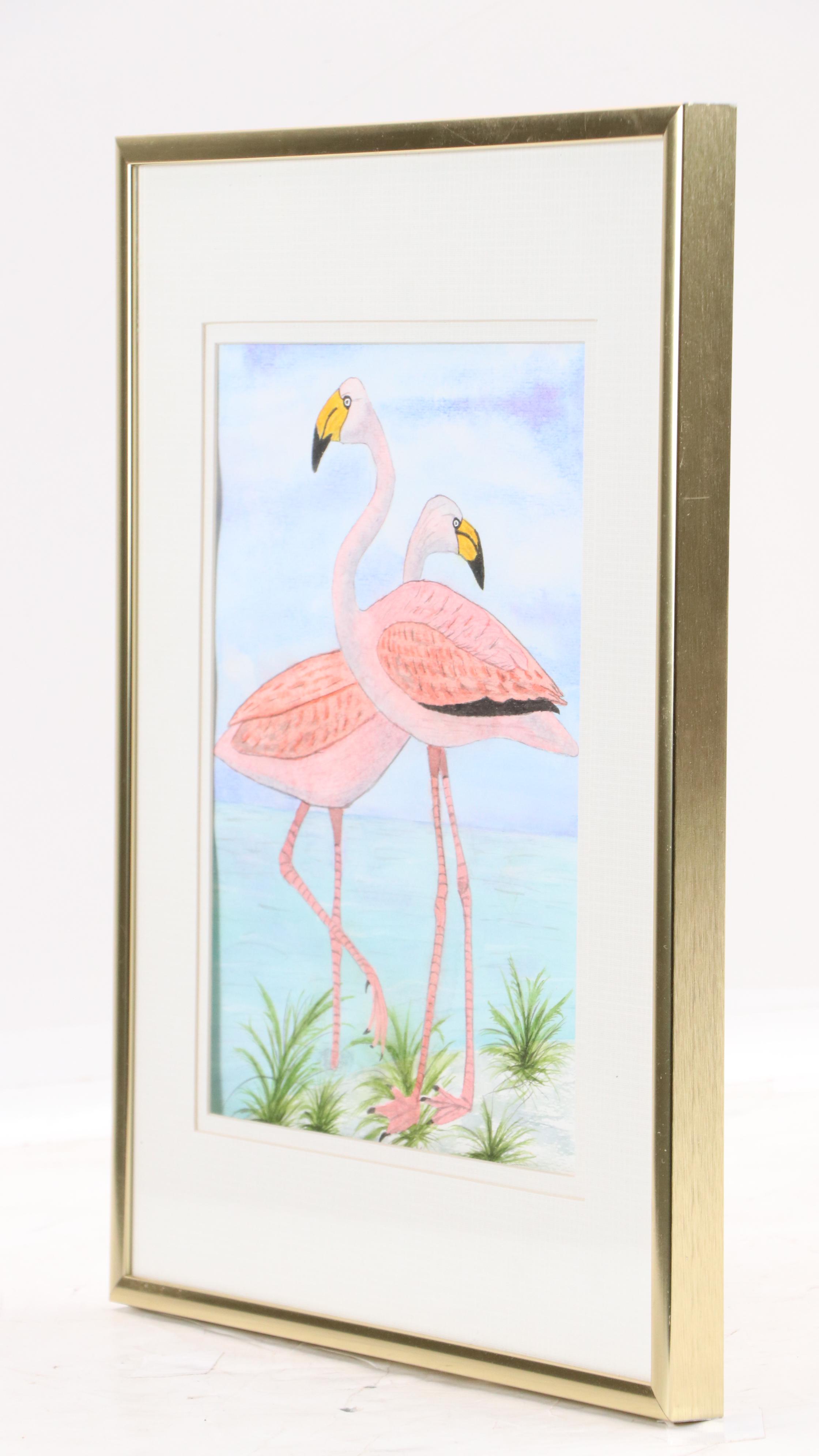 Coastal Landscape With Flamingoes Watercolor Painting