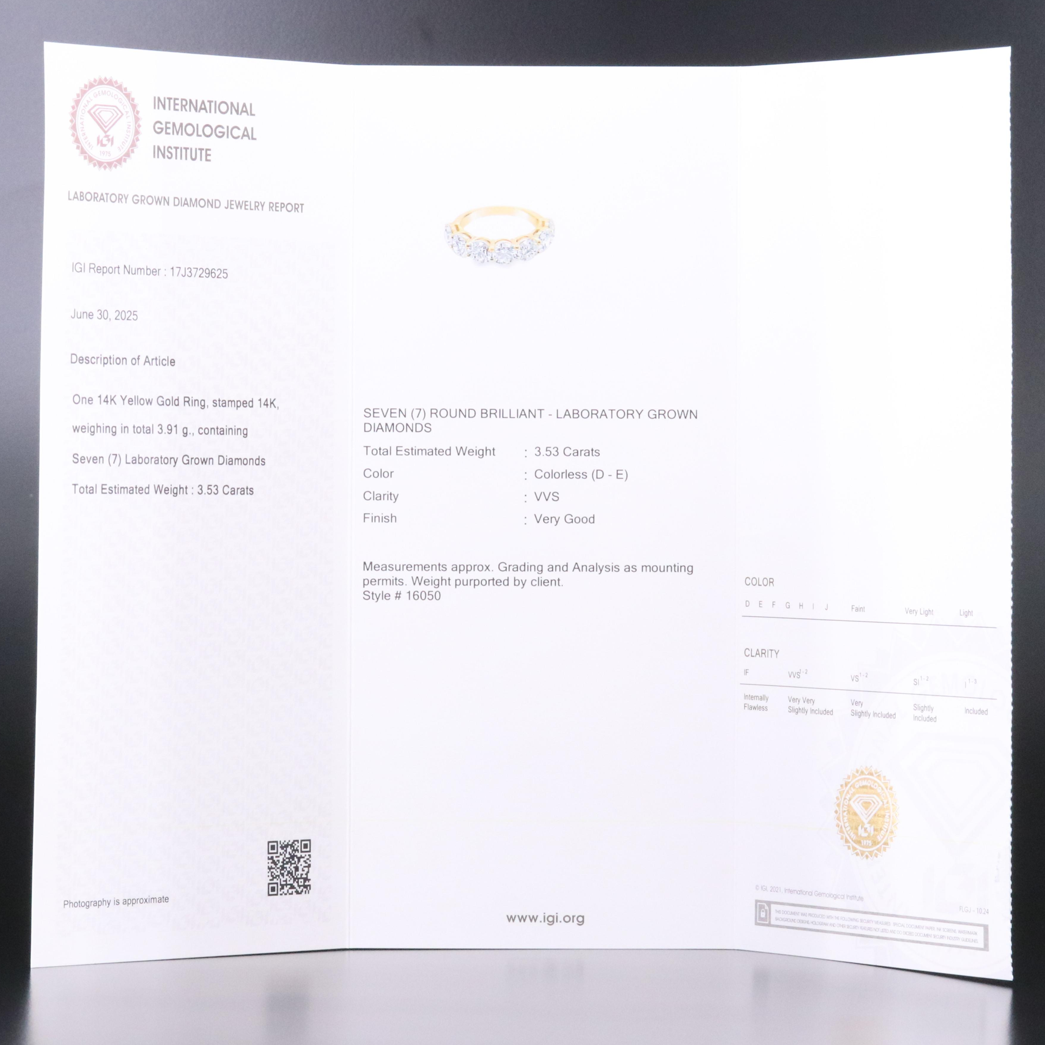 14K 3.53 CTW Lab Grown Diamond Ring with IGI Report