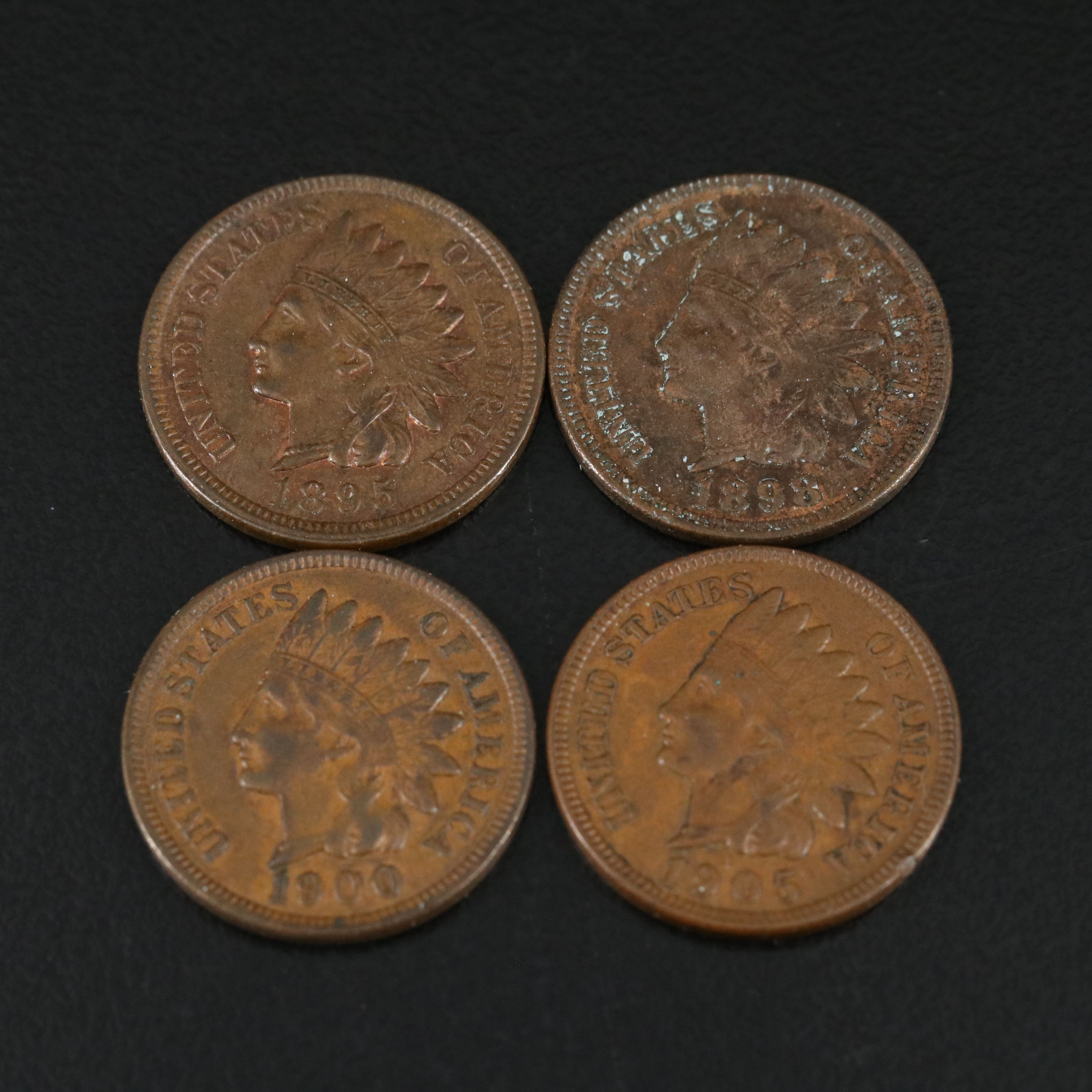 Four Different Indian Cents Including 1895, 1898, 1900, and 1905