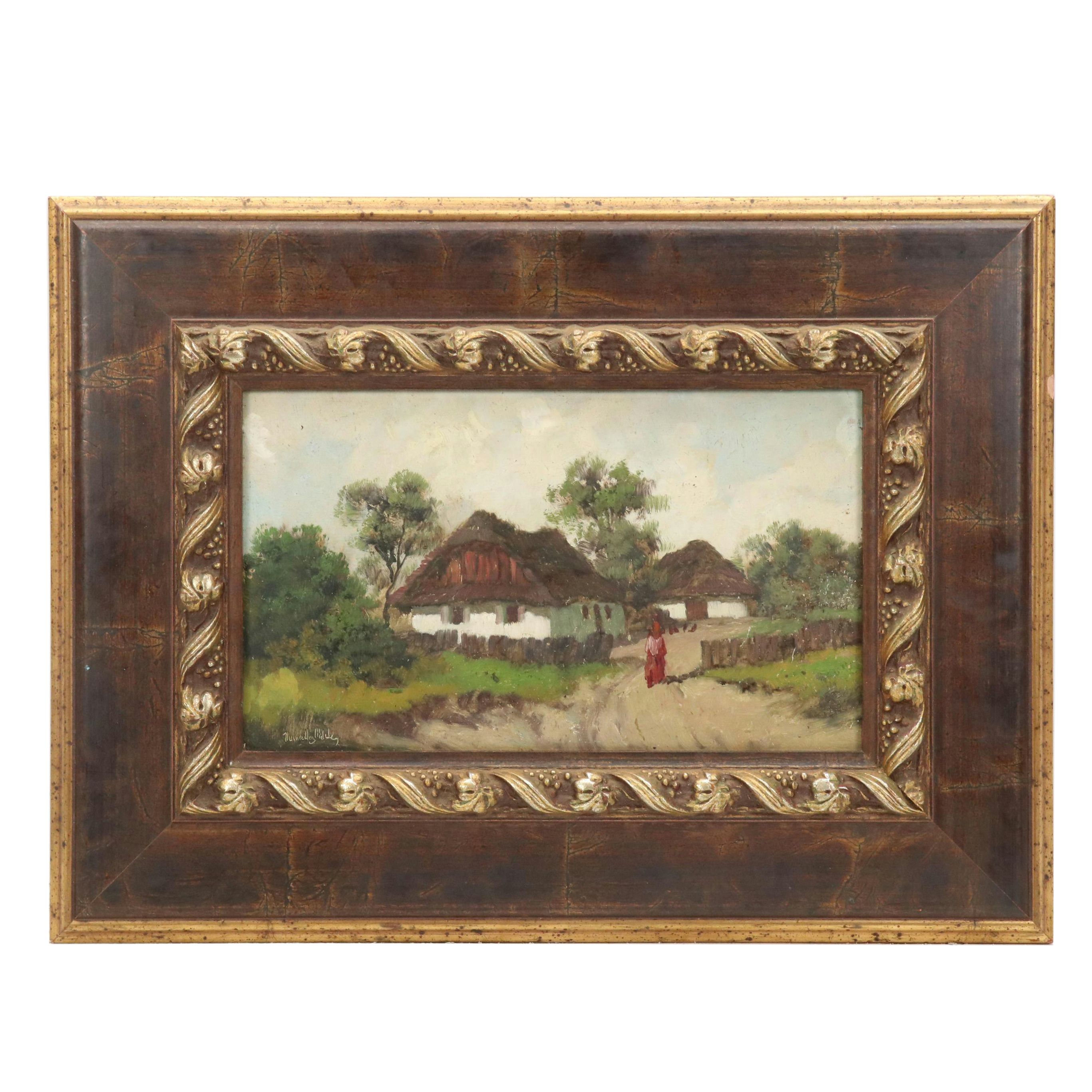 Rural Landscape Oil Painting of Figure Walking Along Cottages