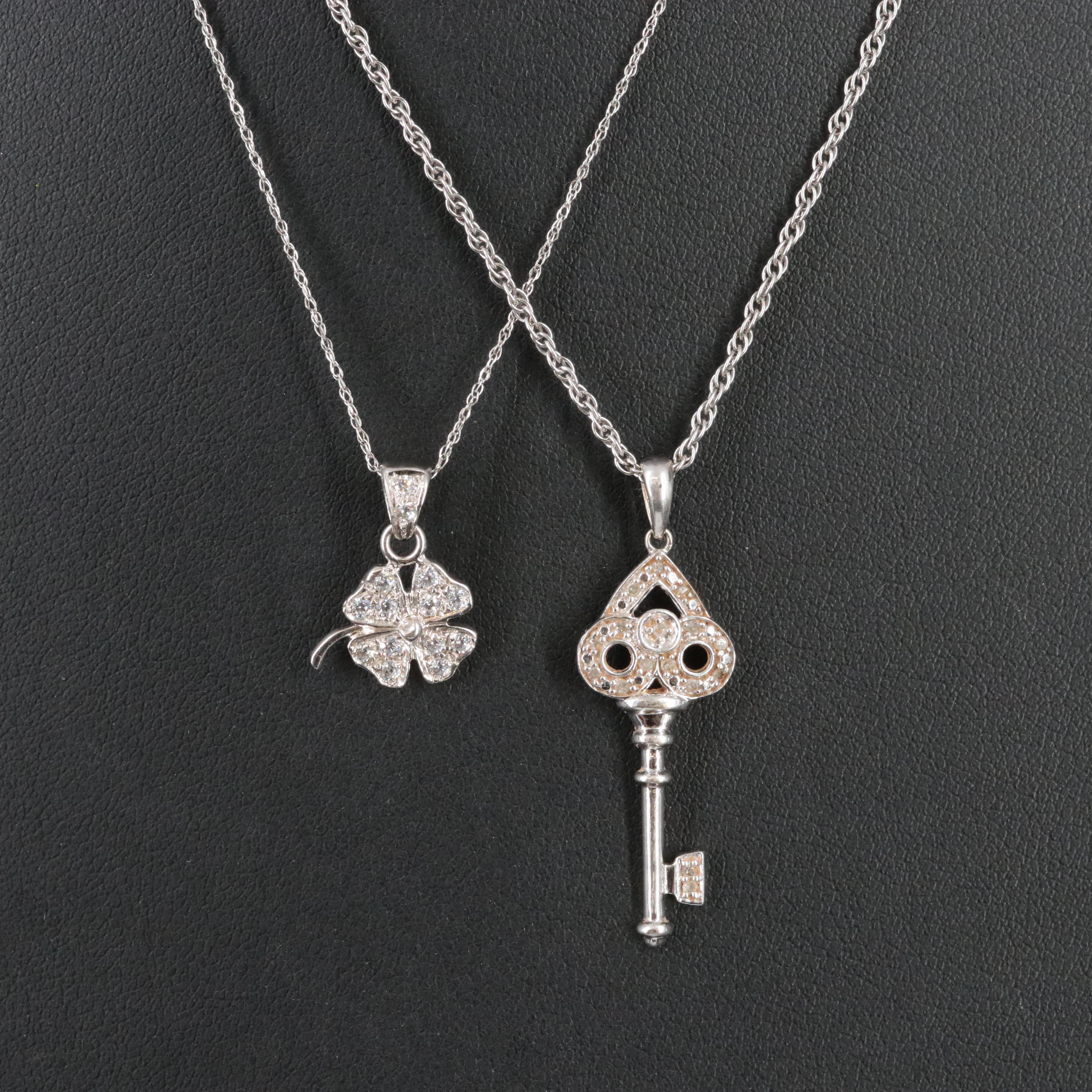 Diamond 10K Heart Key Pendant Necklace and 18K Flower Pendant on 14K Necklace