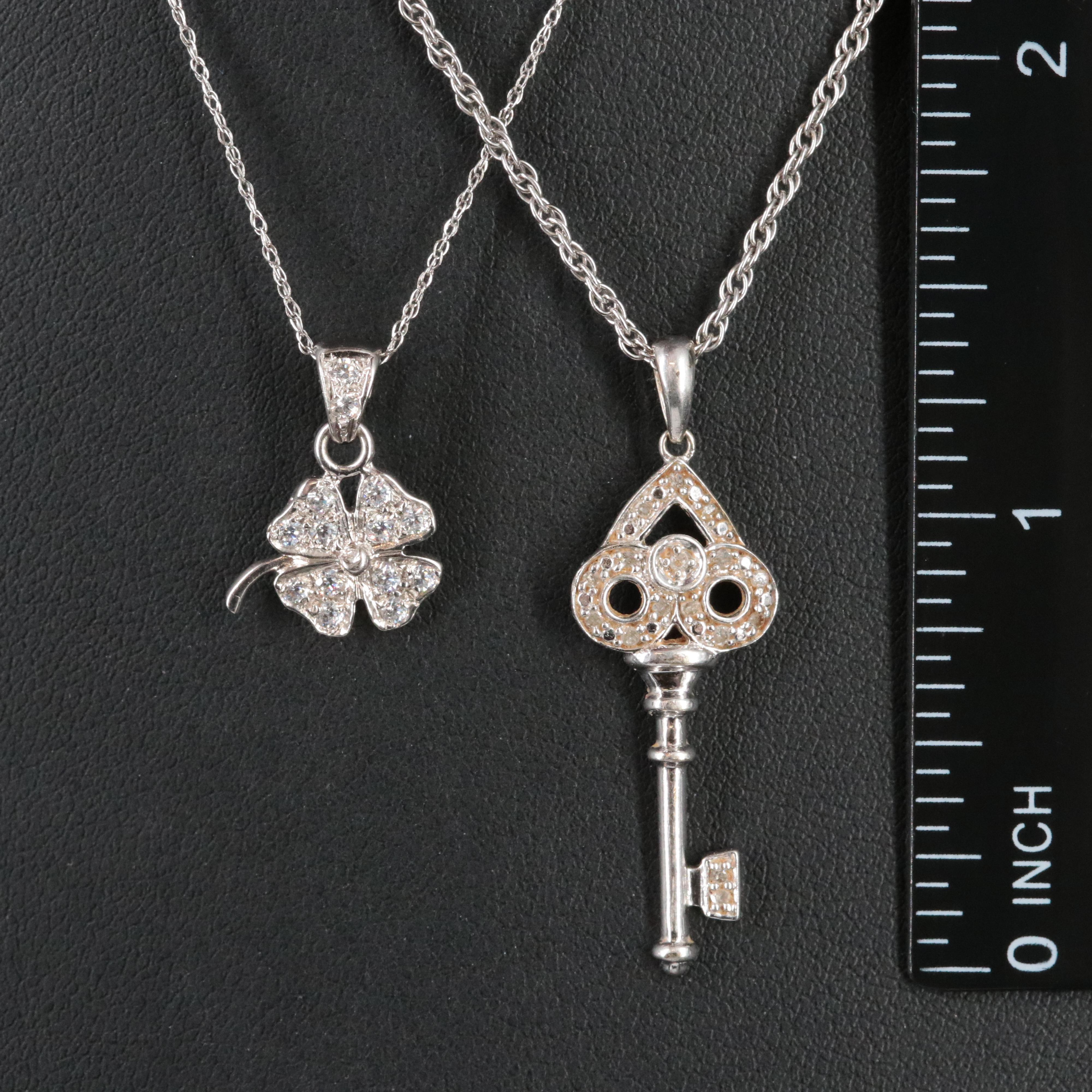 Diamond 10K Heart Key Pendant Necklace and 18K Flower Pendant on 14K Necklace