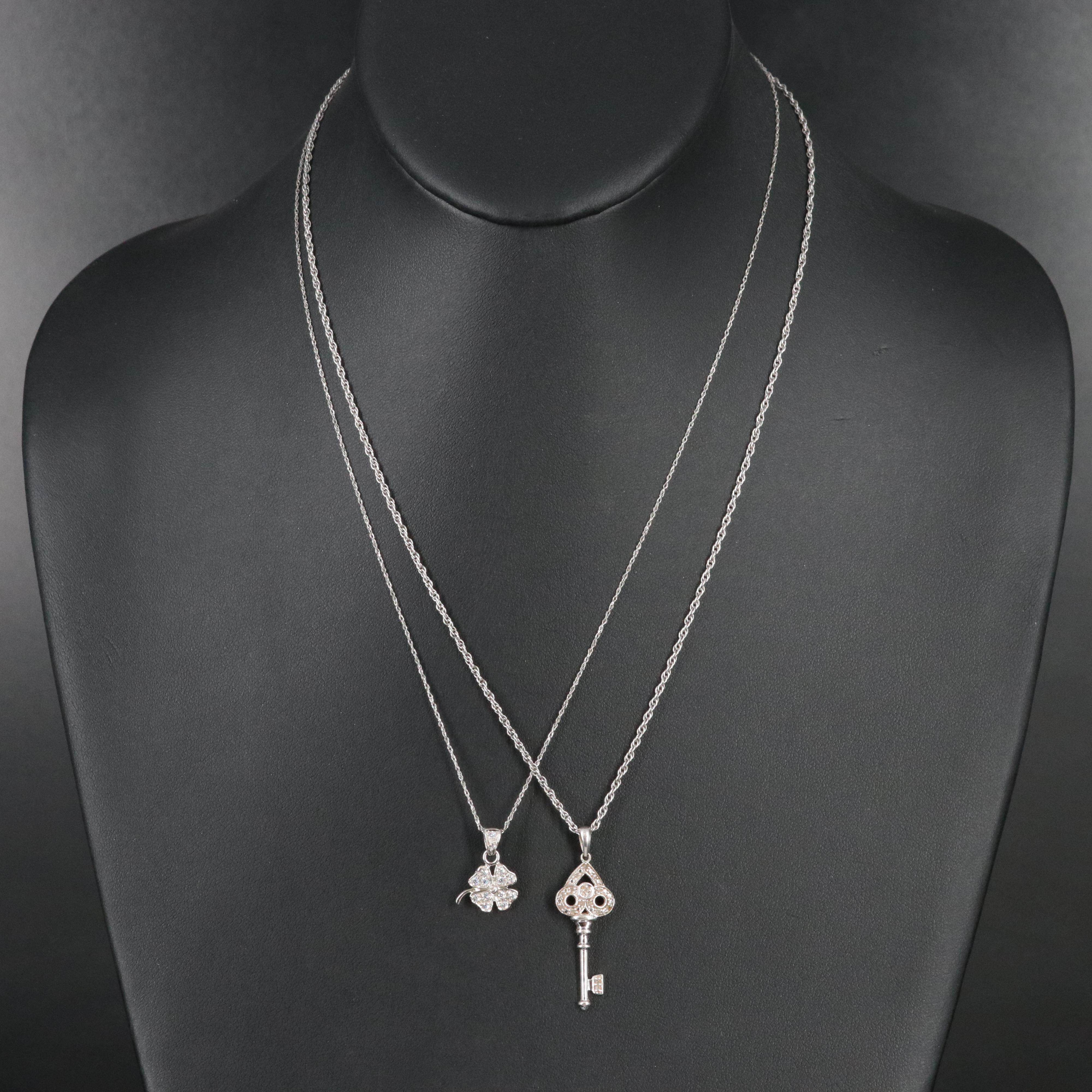 Diamond 10K Heart Key Pendant Necklace and 18K Flower Pendant on 14K Necklace