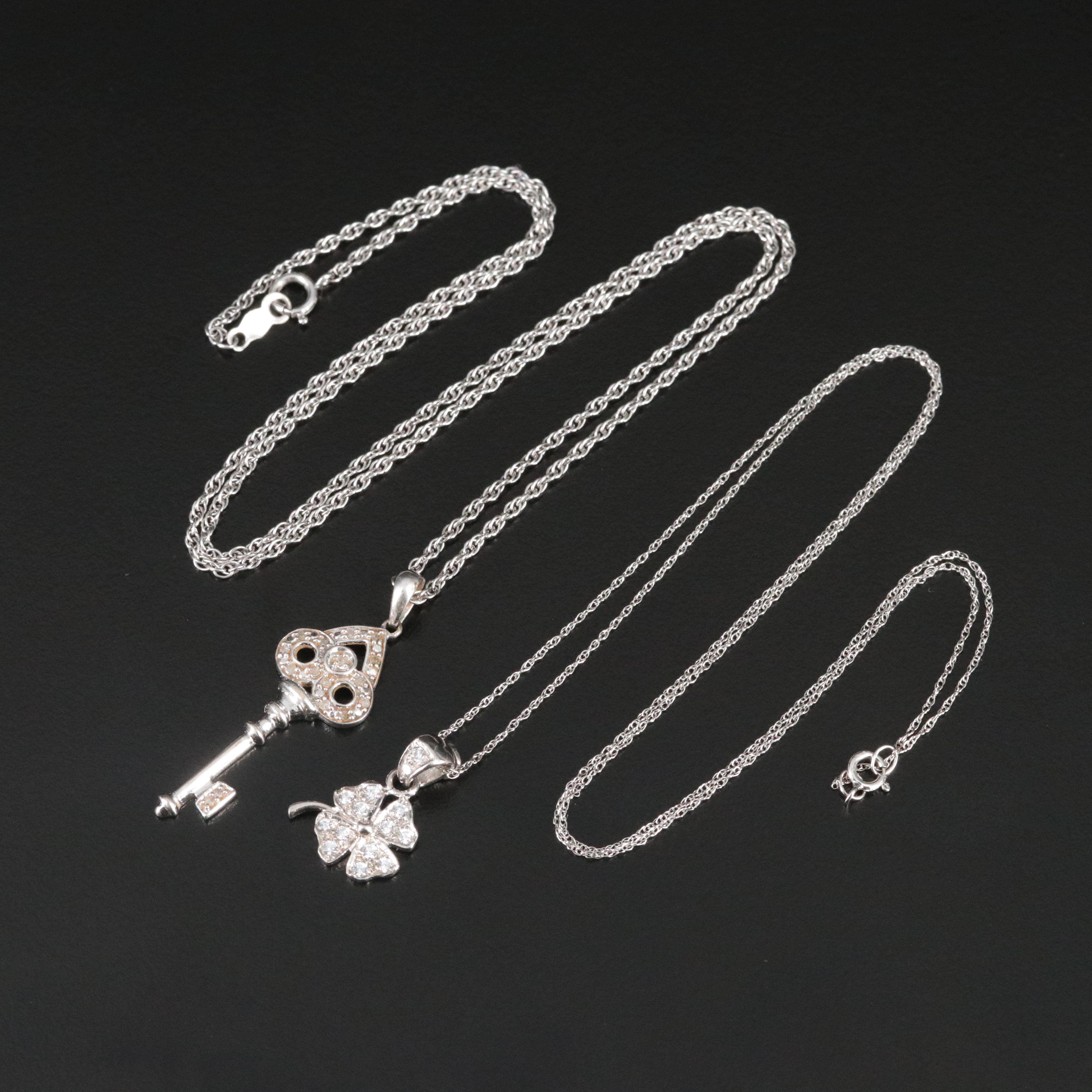 Diamond 10K Heart Key Pendant Necklace and 18K Flower Pendant on 14K Necklace