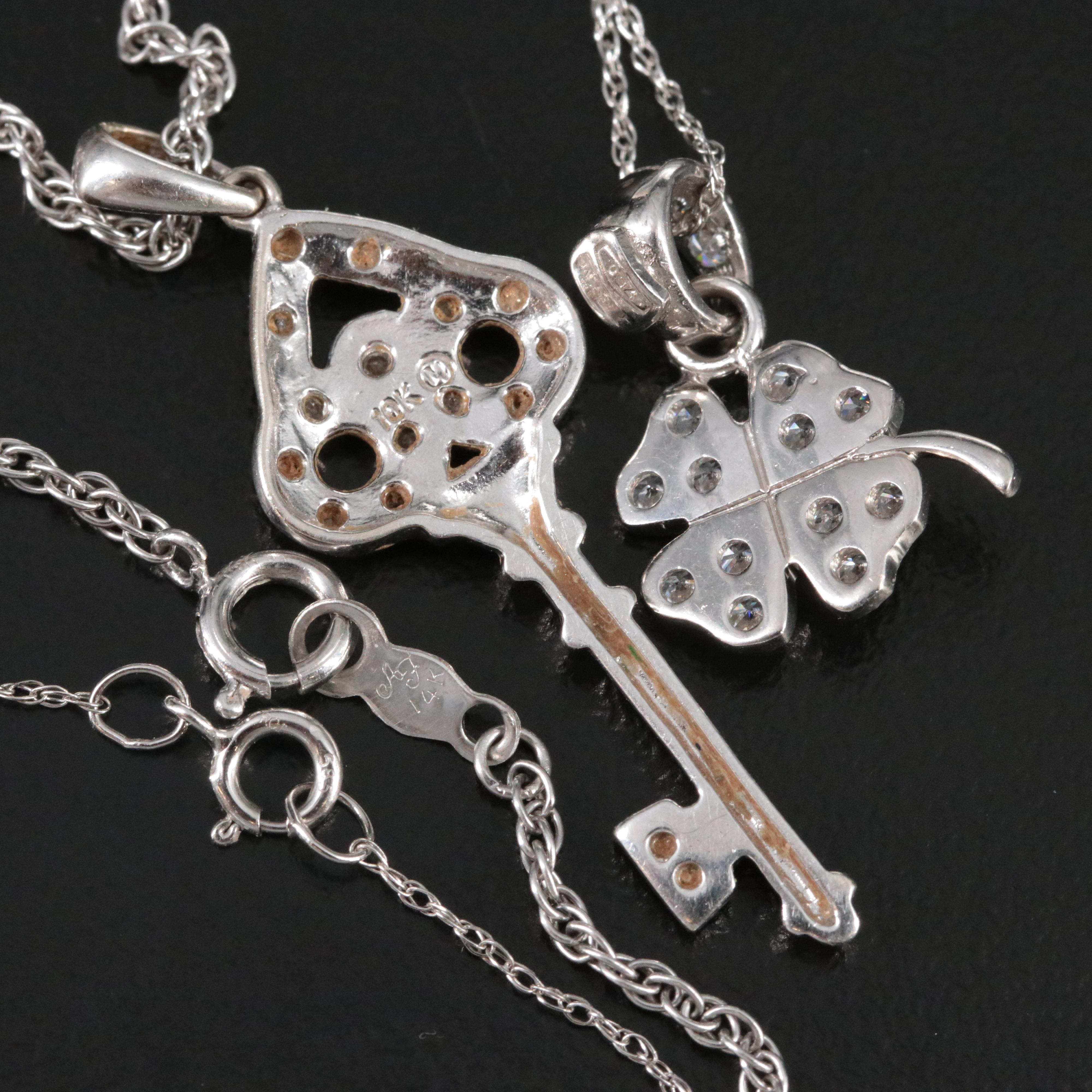 Diamond 10K Heart Key Pendant Necklace and 18K Flower Pendant on 14K Necklace