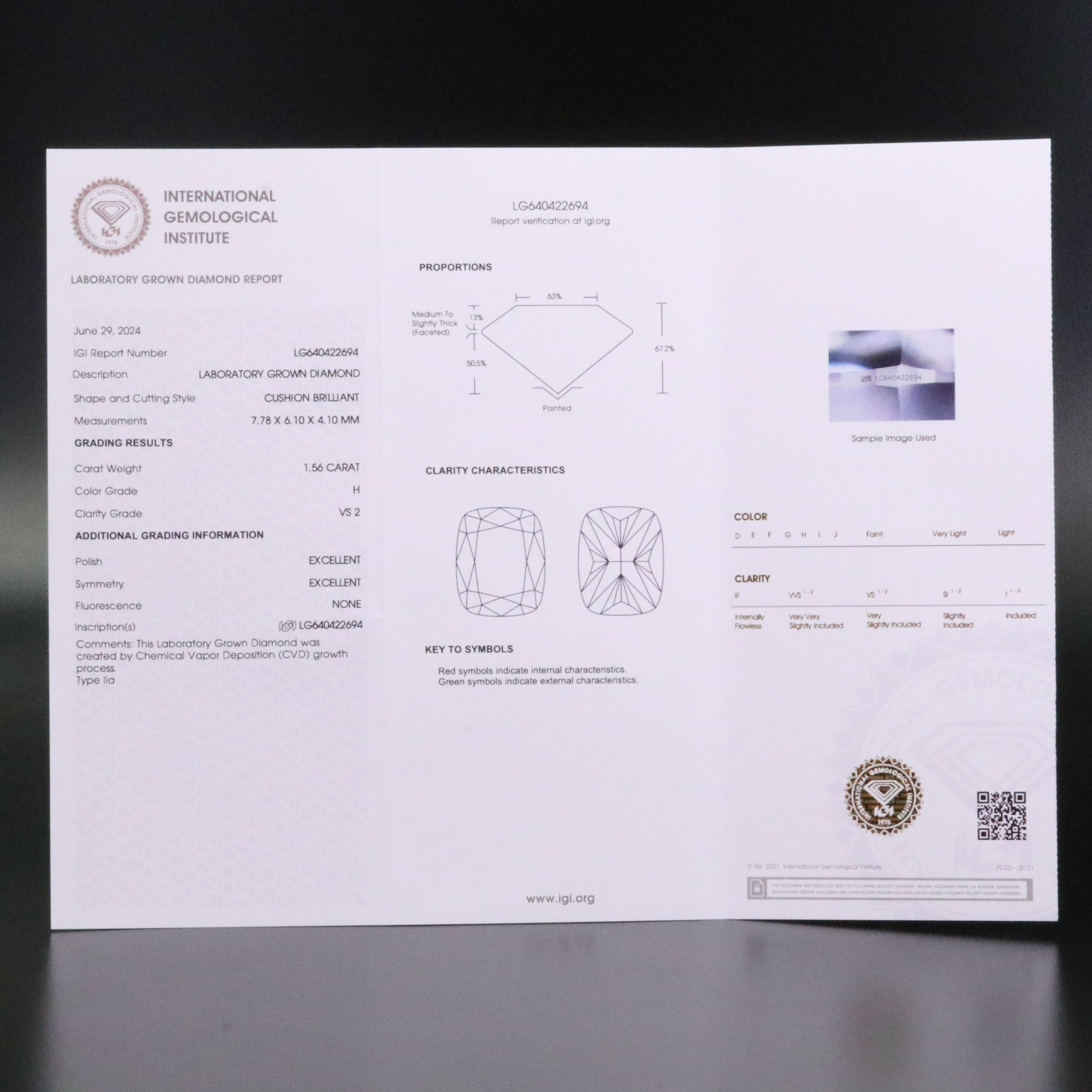 Loose 1.56 CT Lab Grown Diamond with IGI Report
