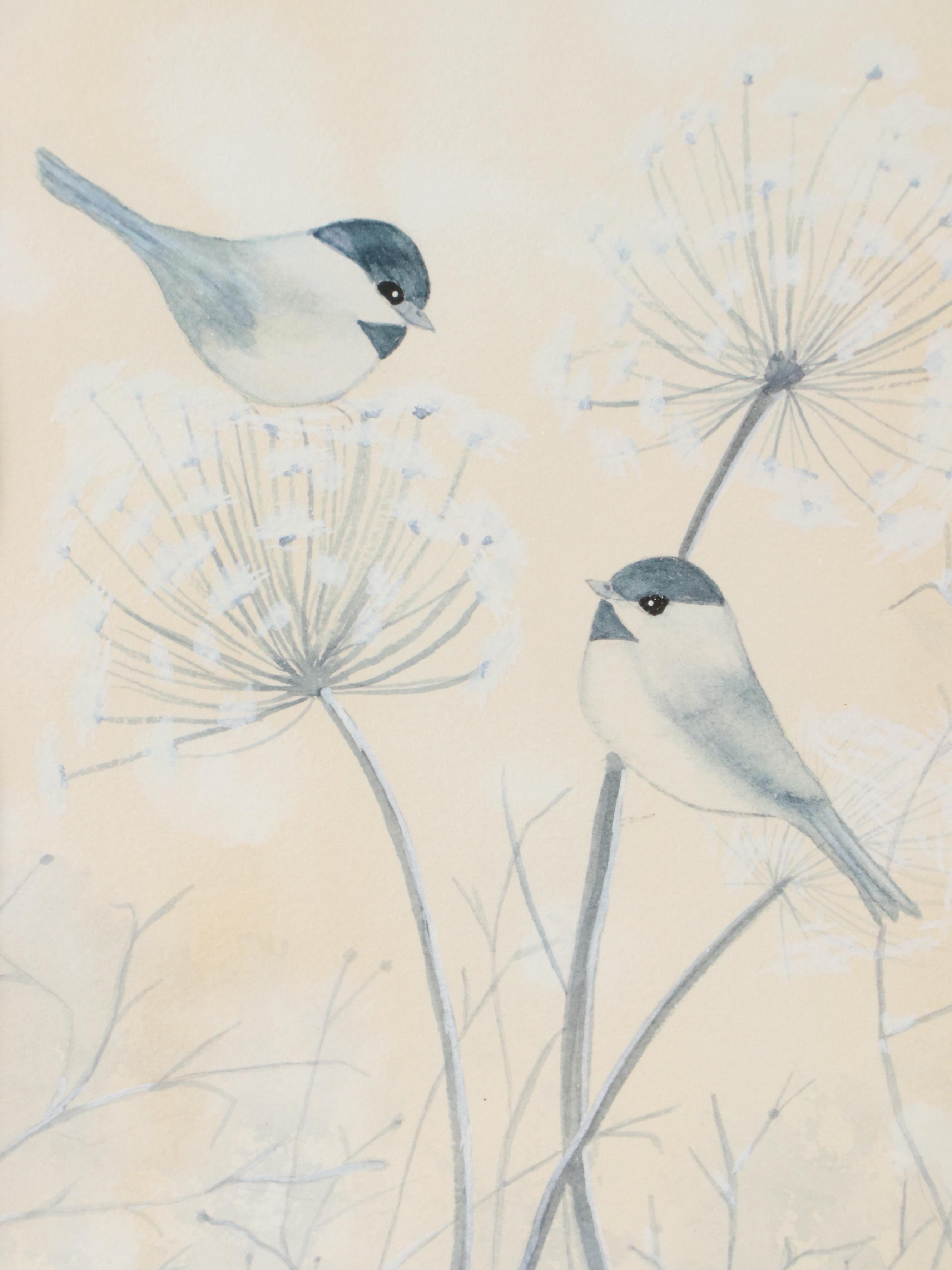 Watercolor Painting of Chickadees and Flowers