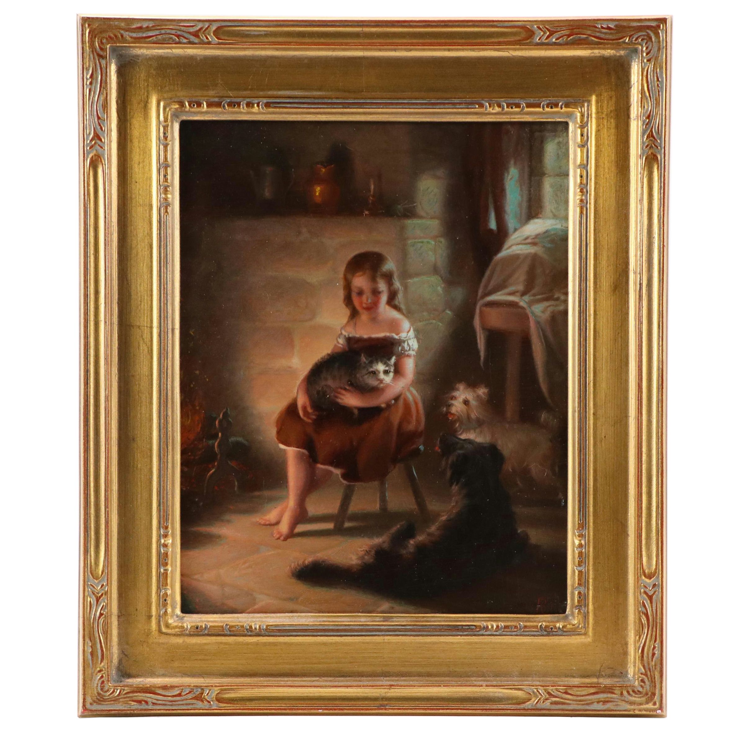 After Benjamin Franklin Reinhart Oil Painting "Kitty's Pets," 1871