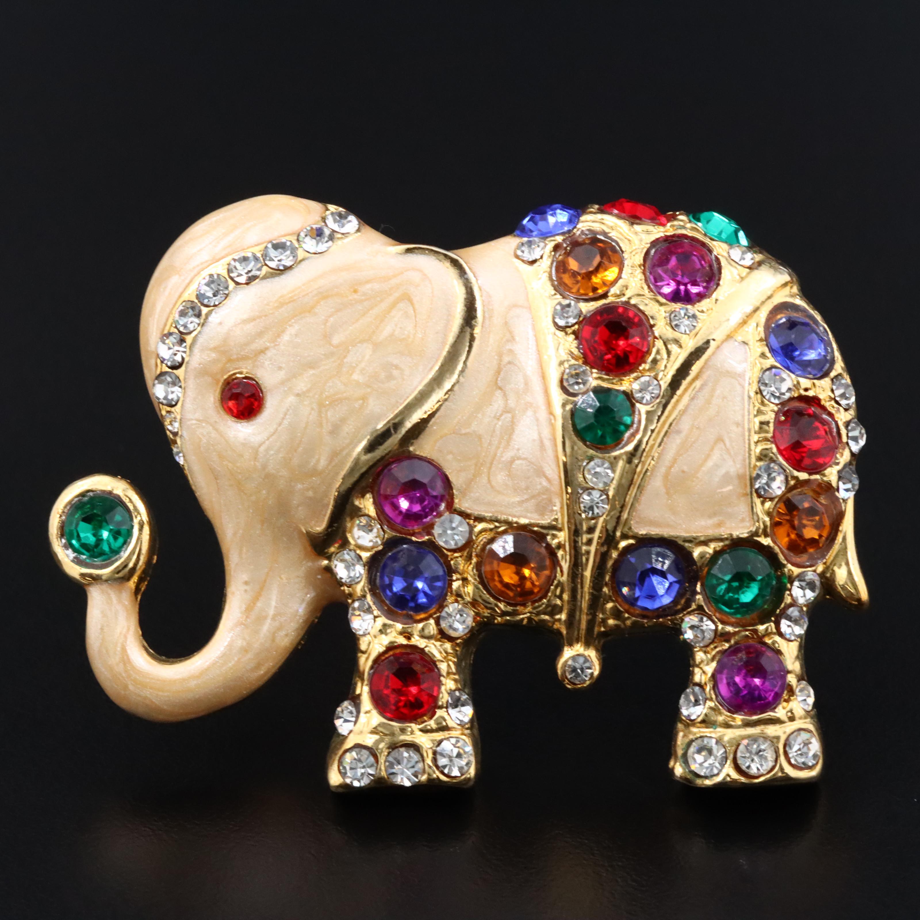 Rhinestone and Enamel Elephant Brooch