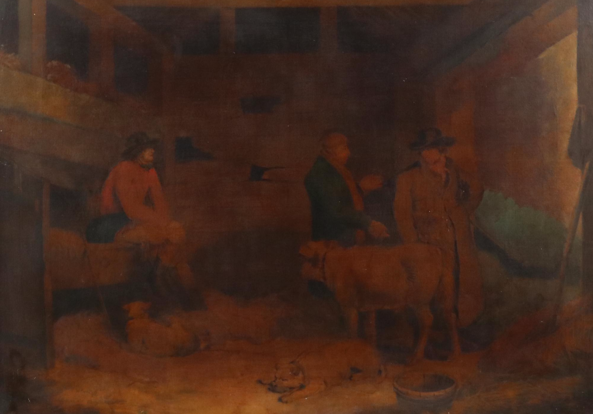In the Manner of George Morland Hand-Embellished Intaglio Print of Barn Interior