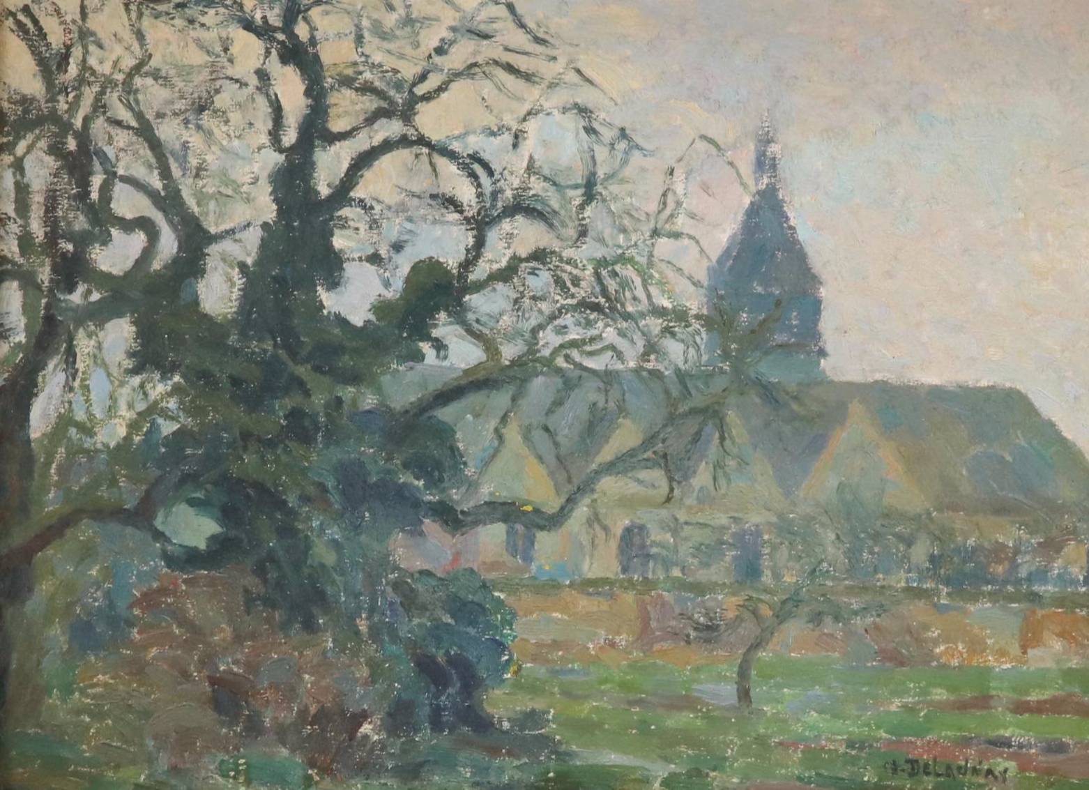 Marcel Delaunay Impressionist Landscape Oil Painting with Church, Early 20th C.