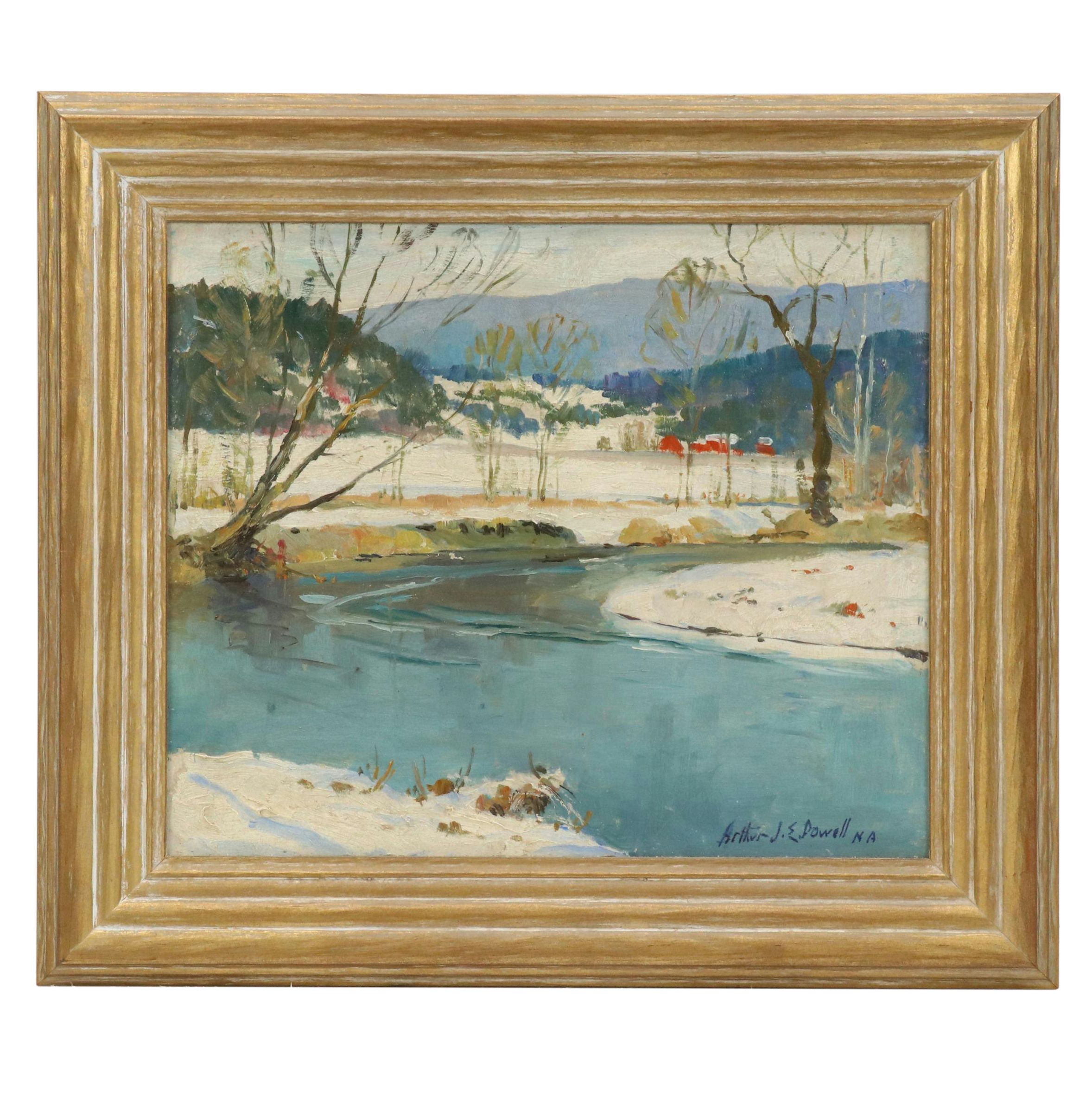 Arthur James Emery Powell Landscape Oil On Board of Creek After Snowfall