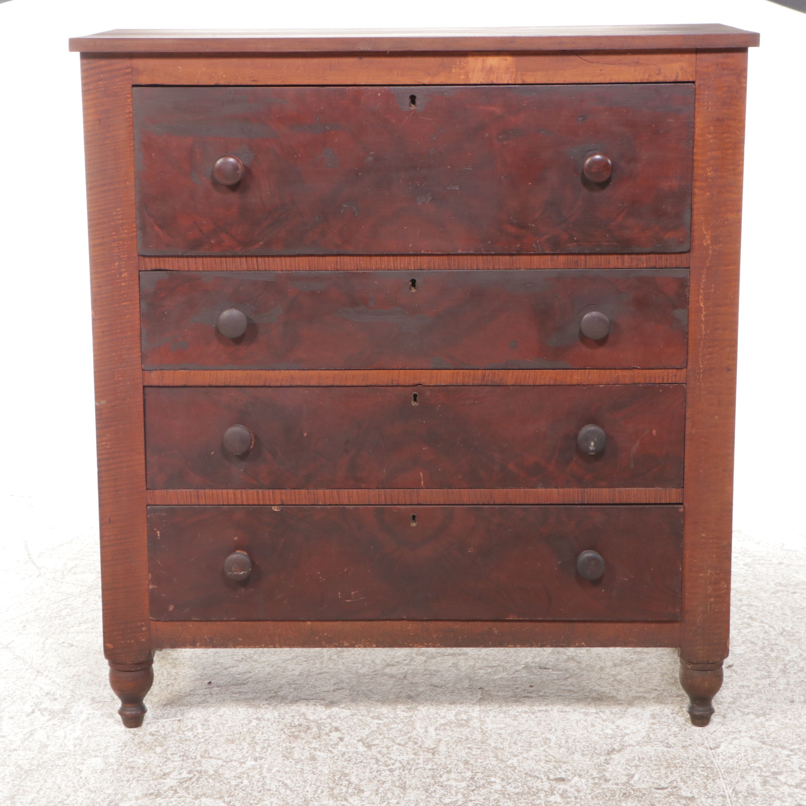 American Colonial Style Curly Maple and Cherry Four-Drawer Chest, 19th Century