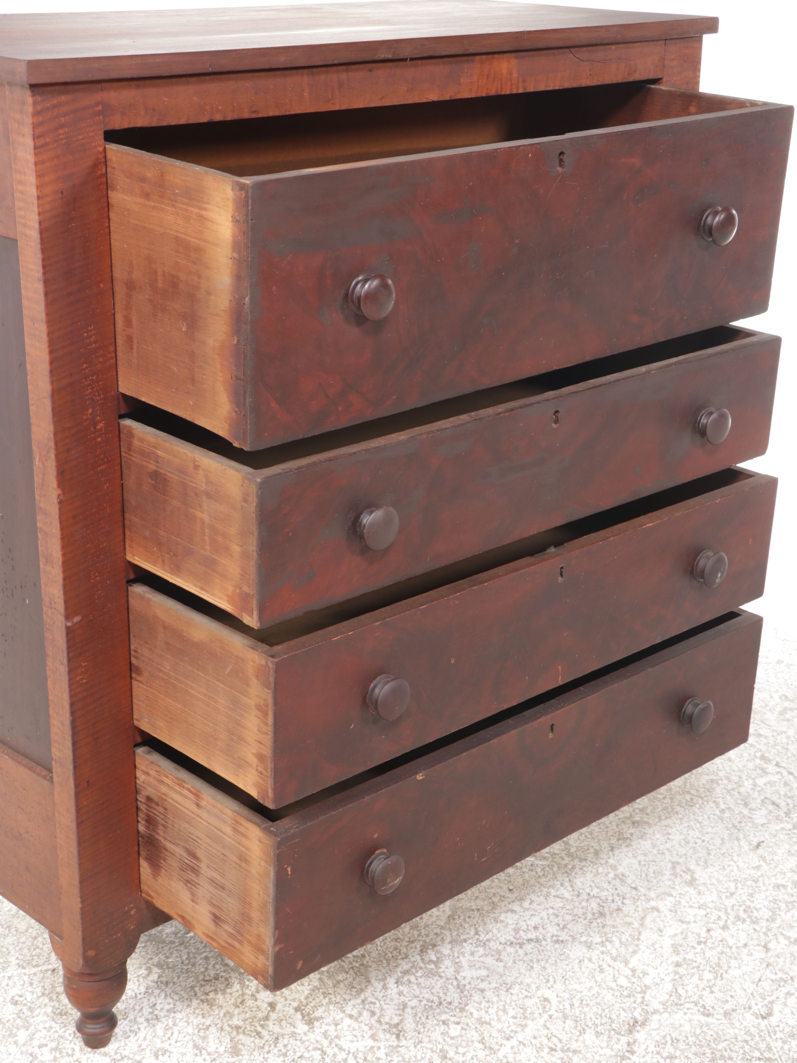 American Colonial Style Curly Maple and Cherry Four-Drawer Chest, 19th Century