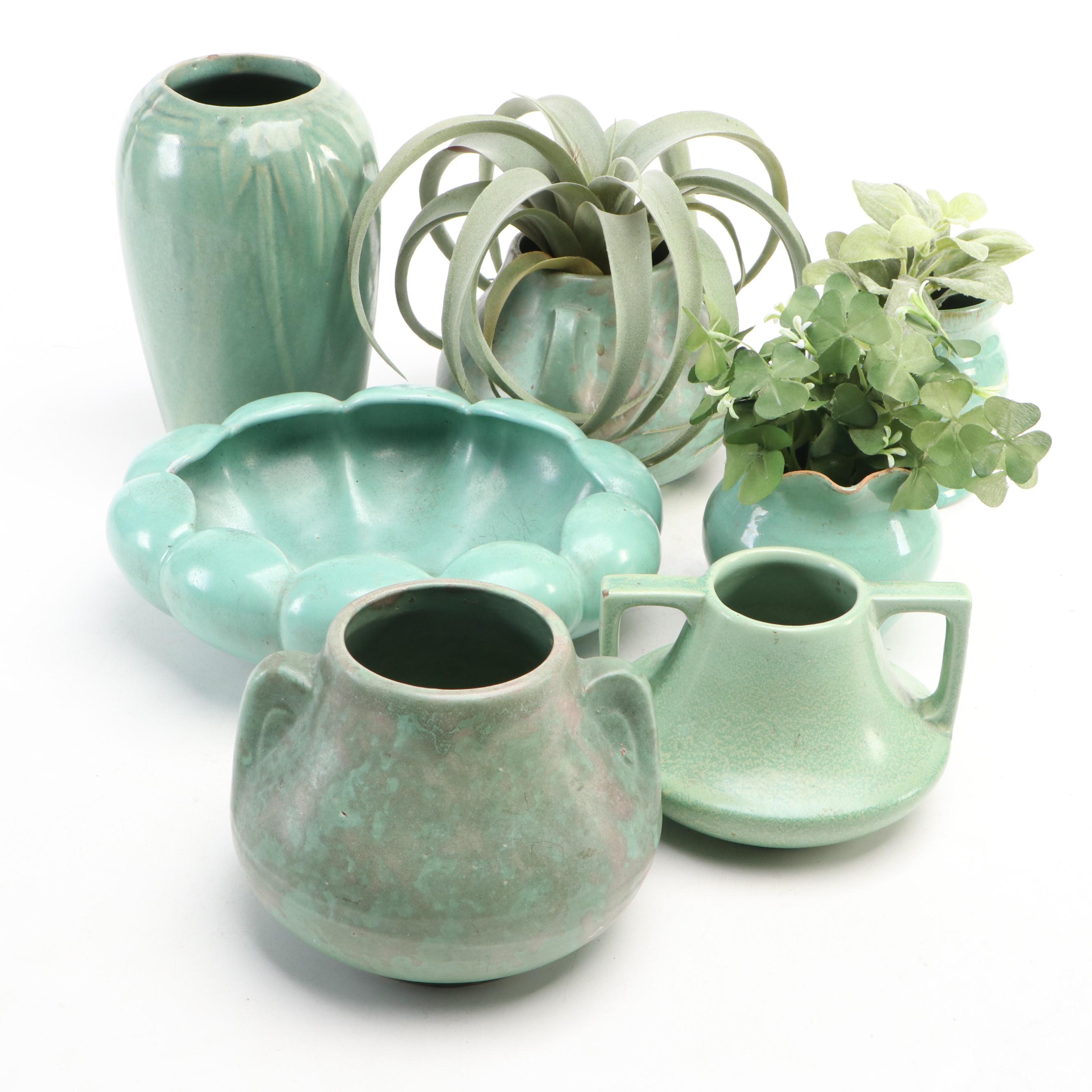 Vintage  Art Pottery Vases with Artificial Plants