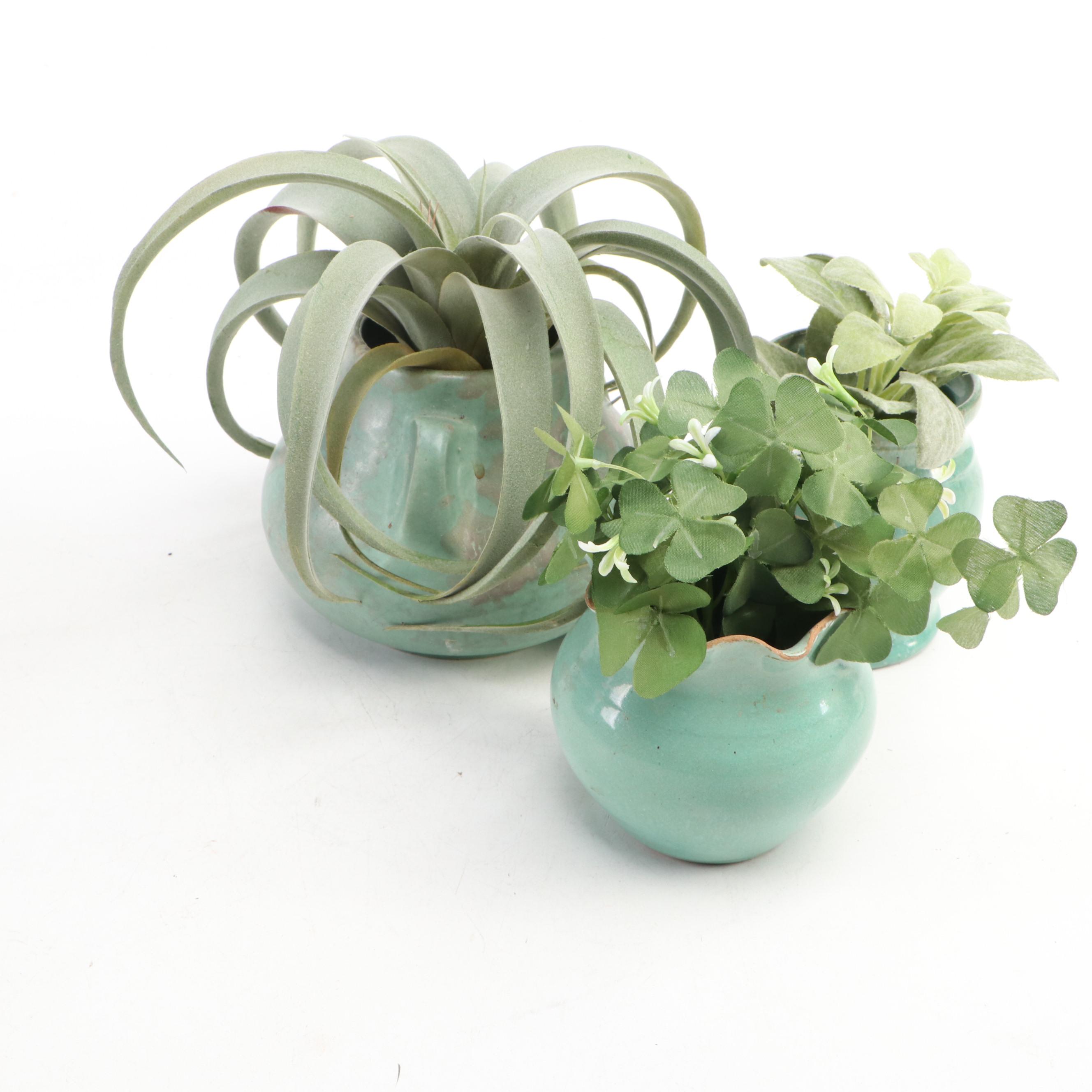 Vintage  Art Pottery Vases with Artificial Plants