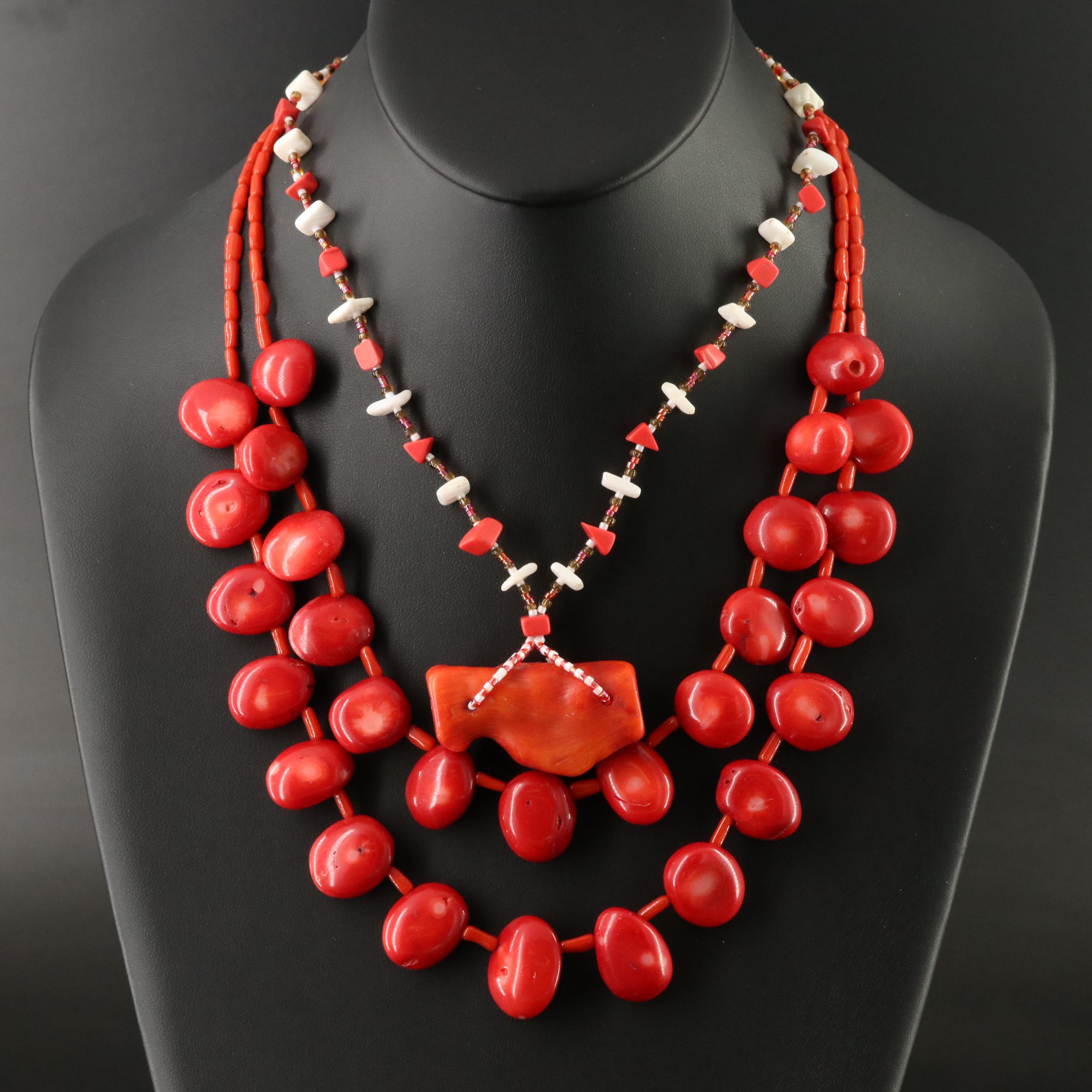Coral Necklace Trio with Shell and Glass