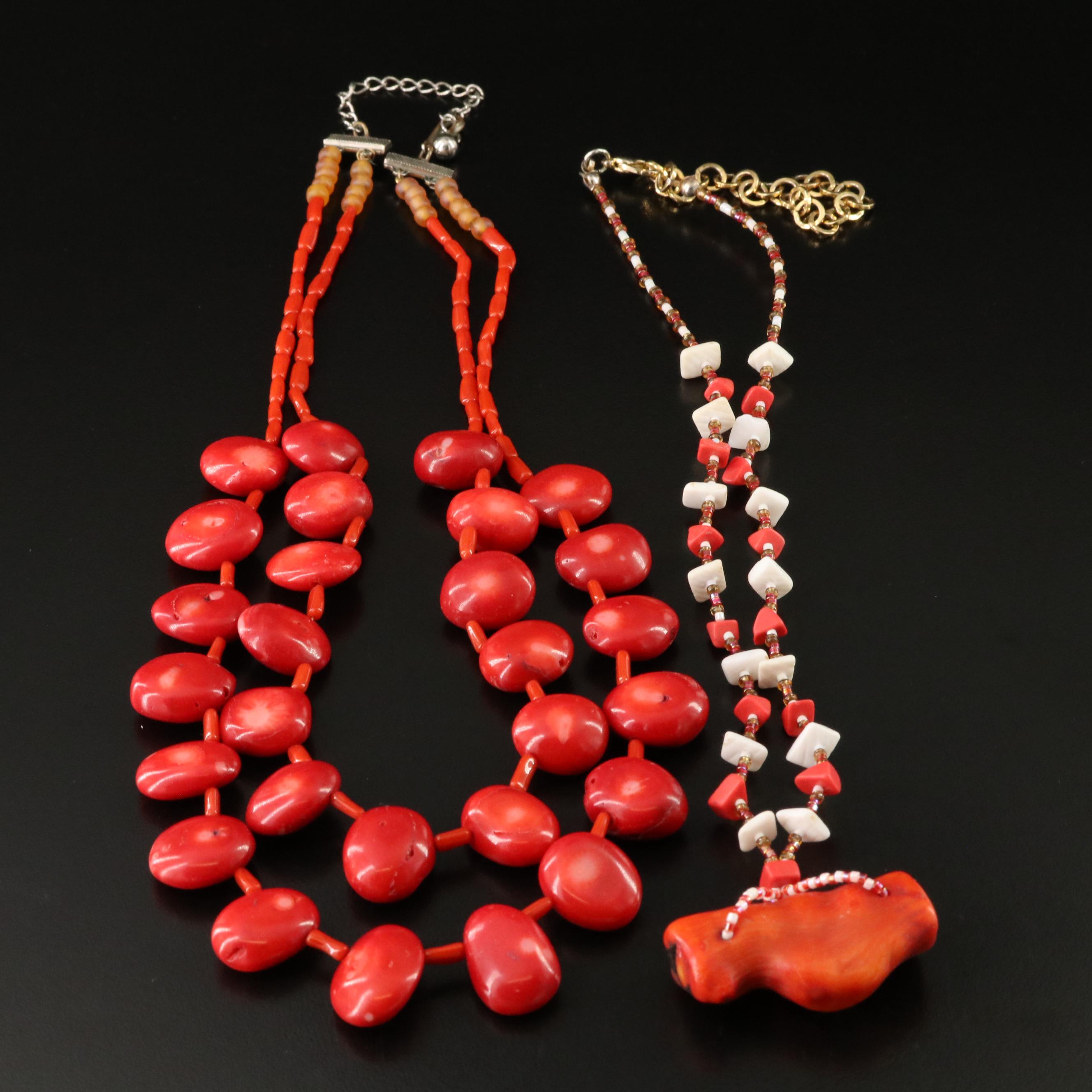 Coral Necklace Trio with Shell and Glass