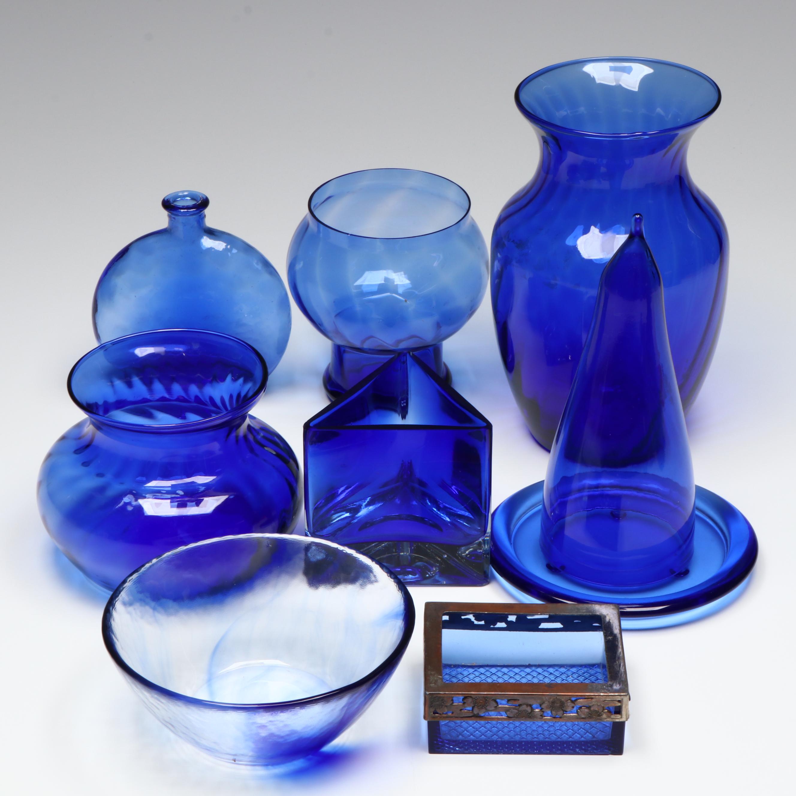 Floral Silver Plate and Cobalt Blue Glass Tray with Vases and More Tableware