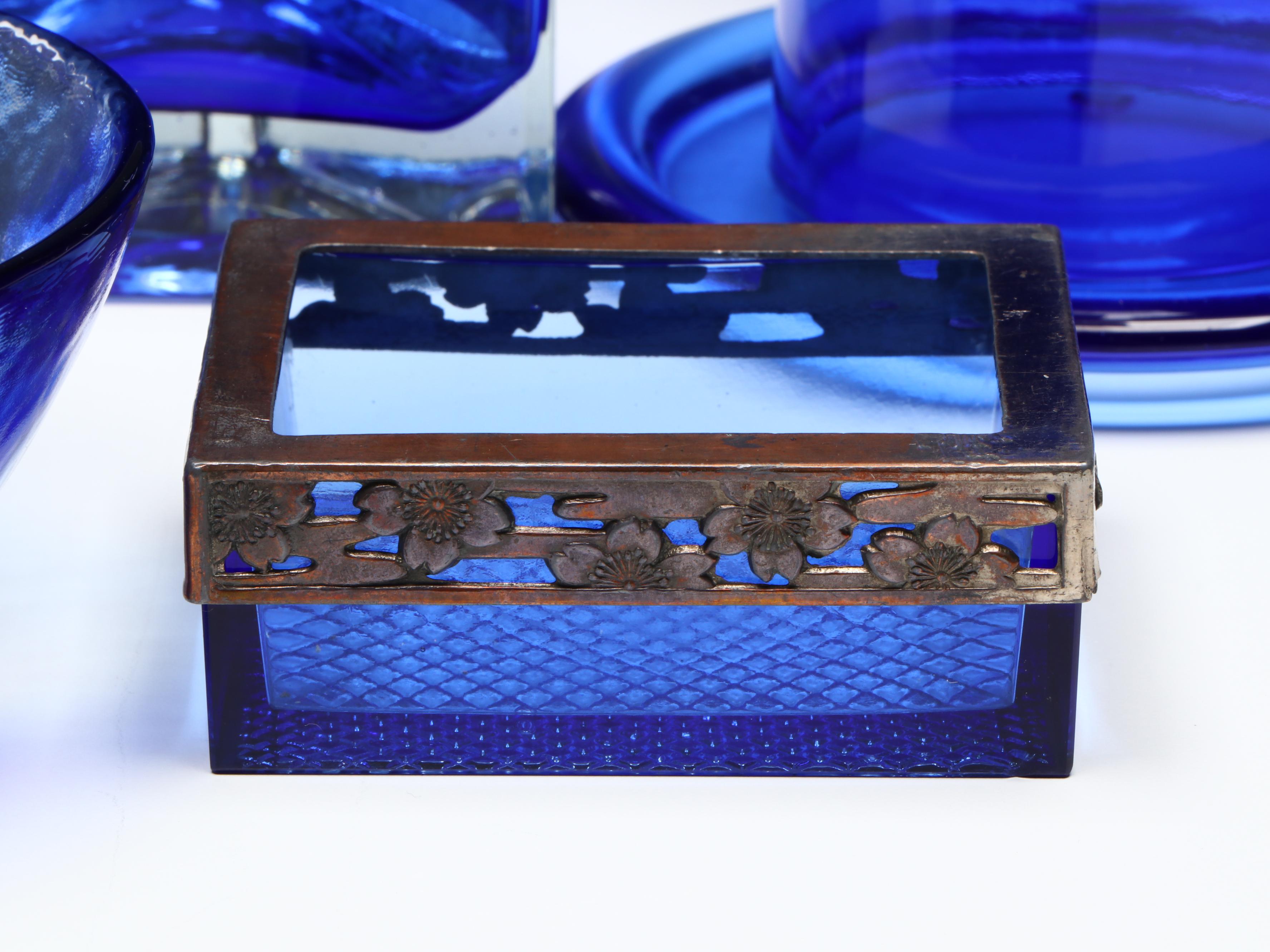 Floral Silver Plate and Cobalt Blue Glass Tray with Vases and More Tableware