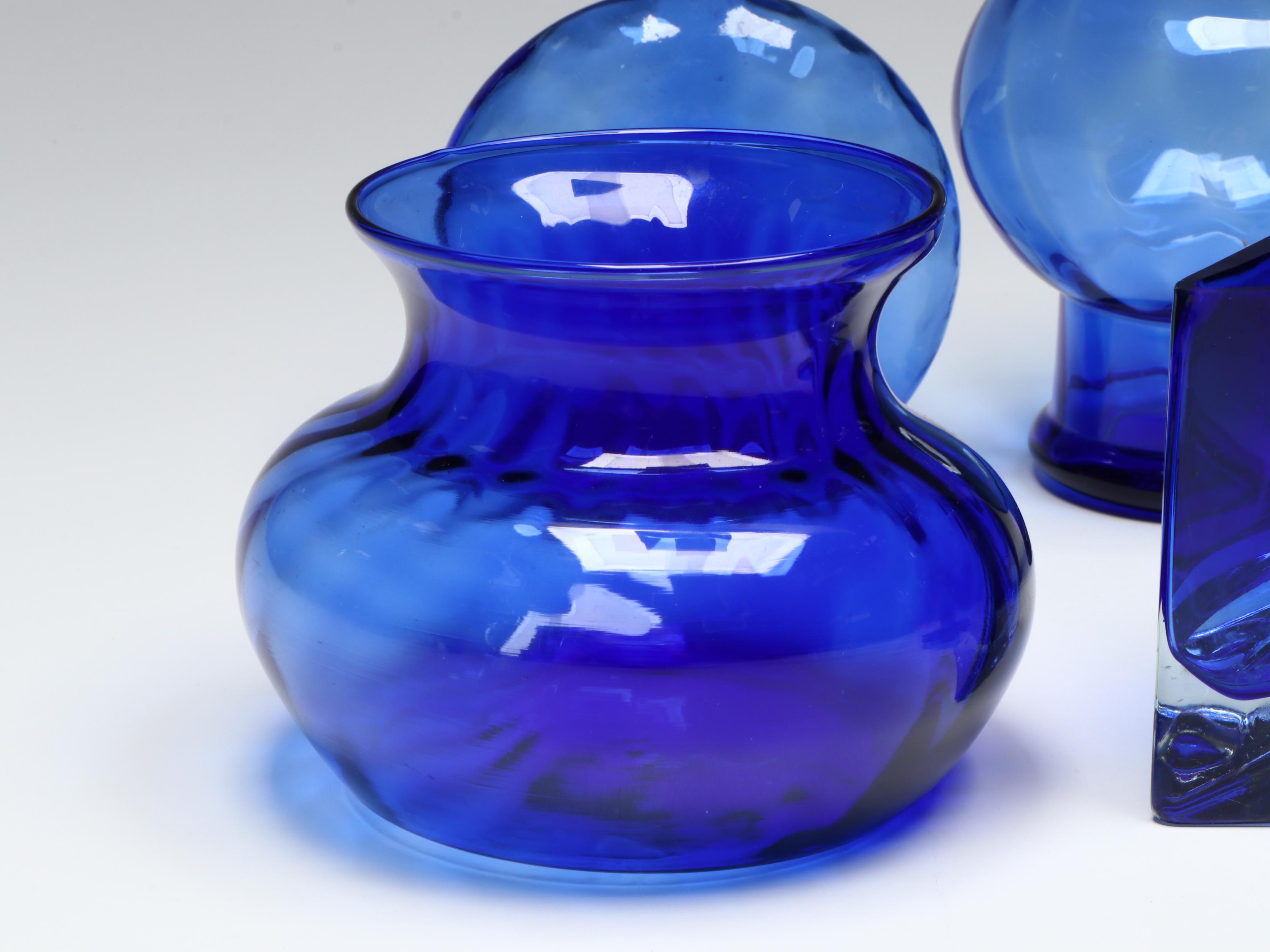 Floral Silver Plate and Cobalt Blue Glass Tray with Vases and More Tableware