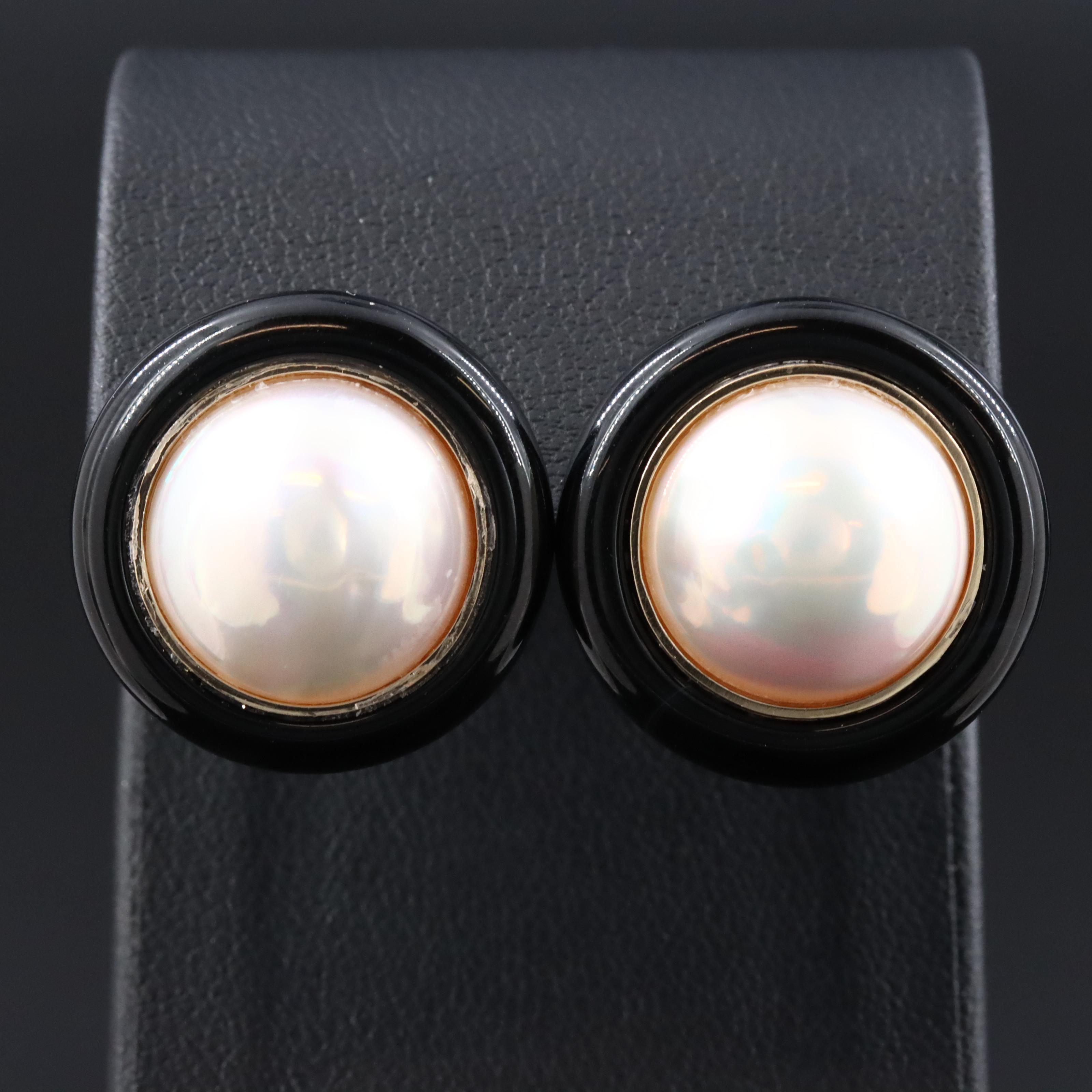 14K Pearl and Black Onyx Button Earrings