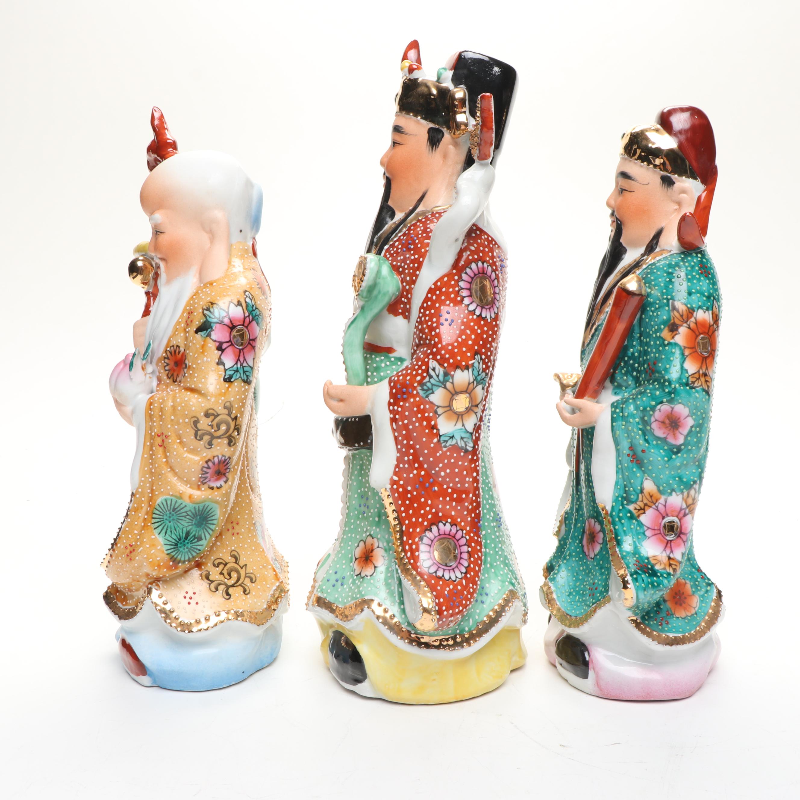Chinese Hand-Painted Gilt Porcelain Sanxing Deities with Raised Slip Decoration