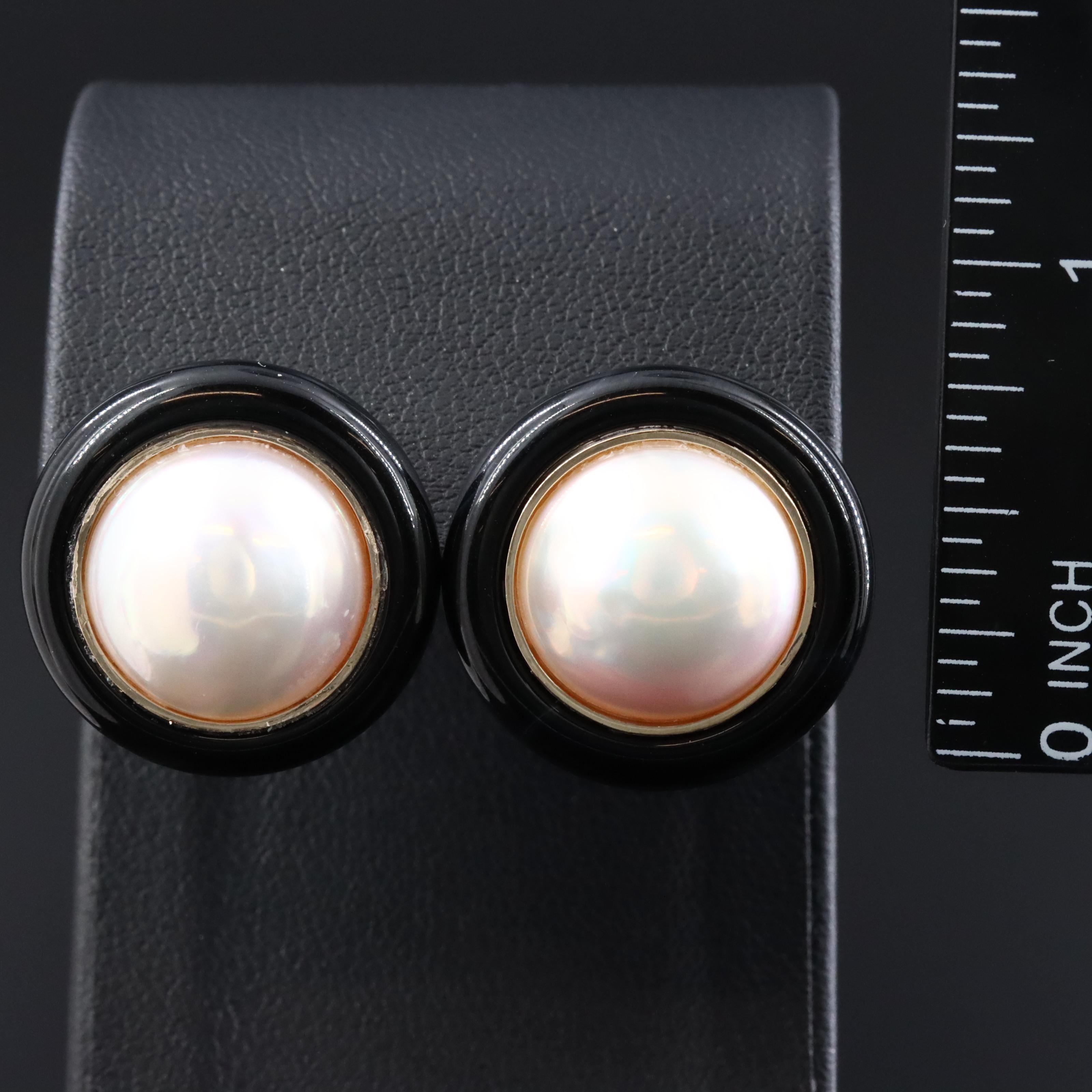 14K Pearl and Black Onyx Button Earrings