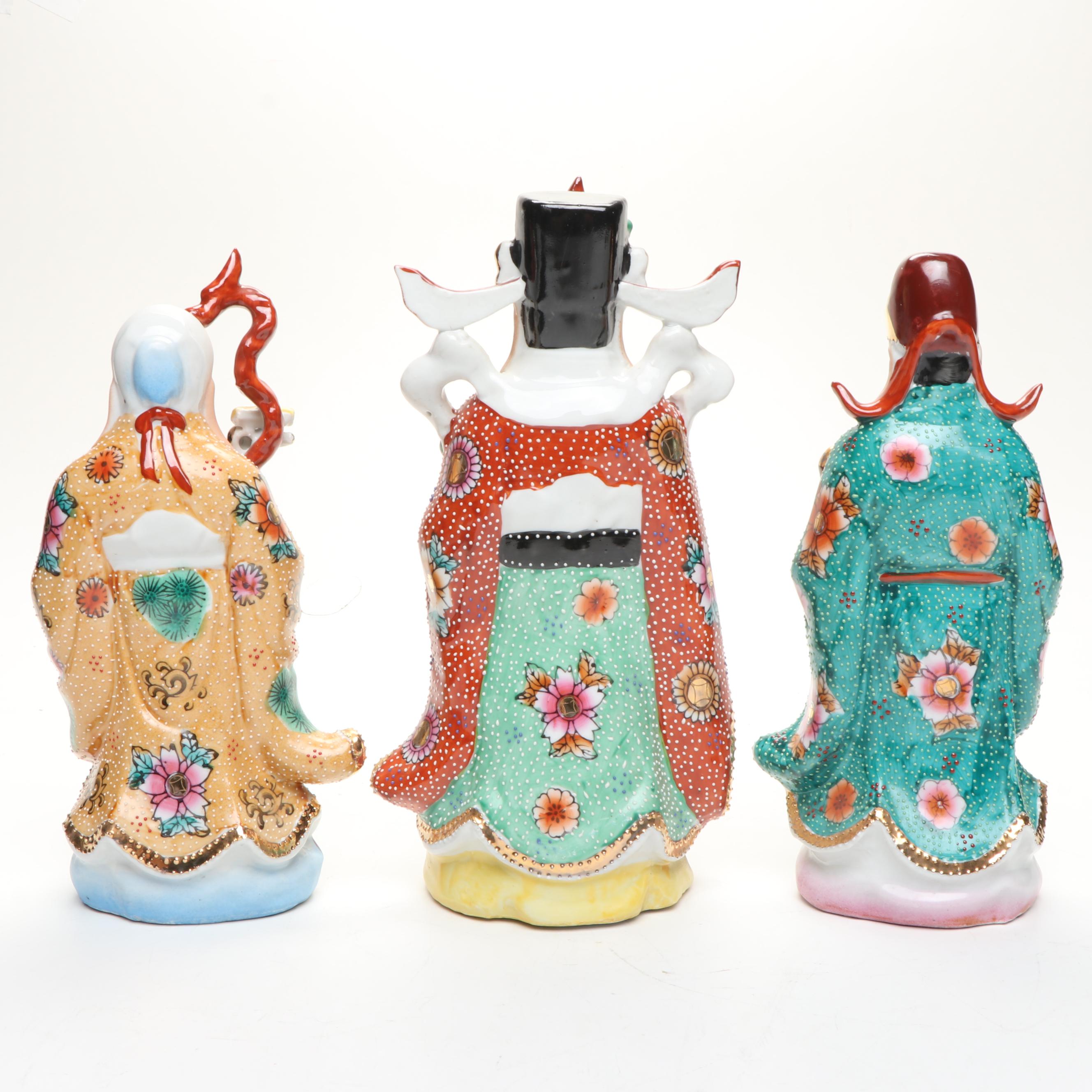 Chinese Hand-Painted Gilt Porcelain Sanxing Deities with Raised Slip Decoration