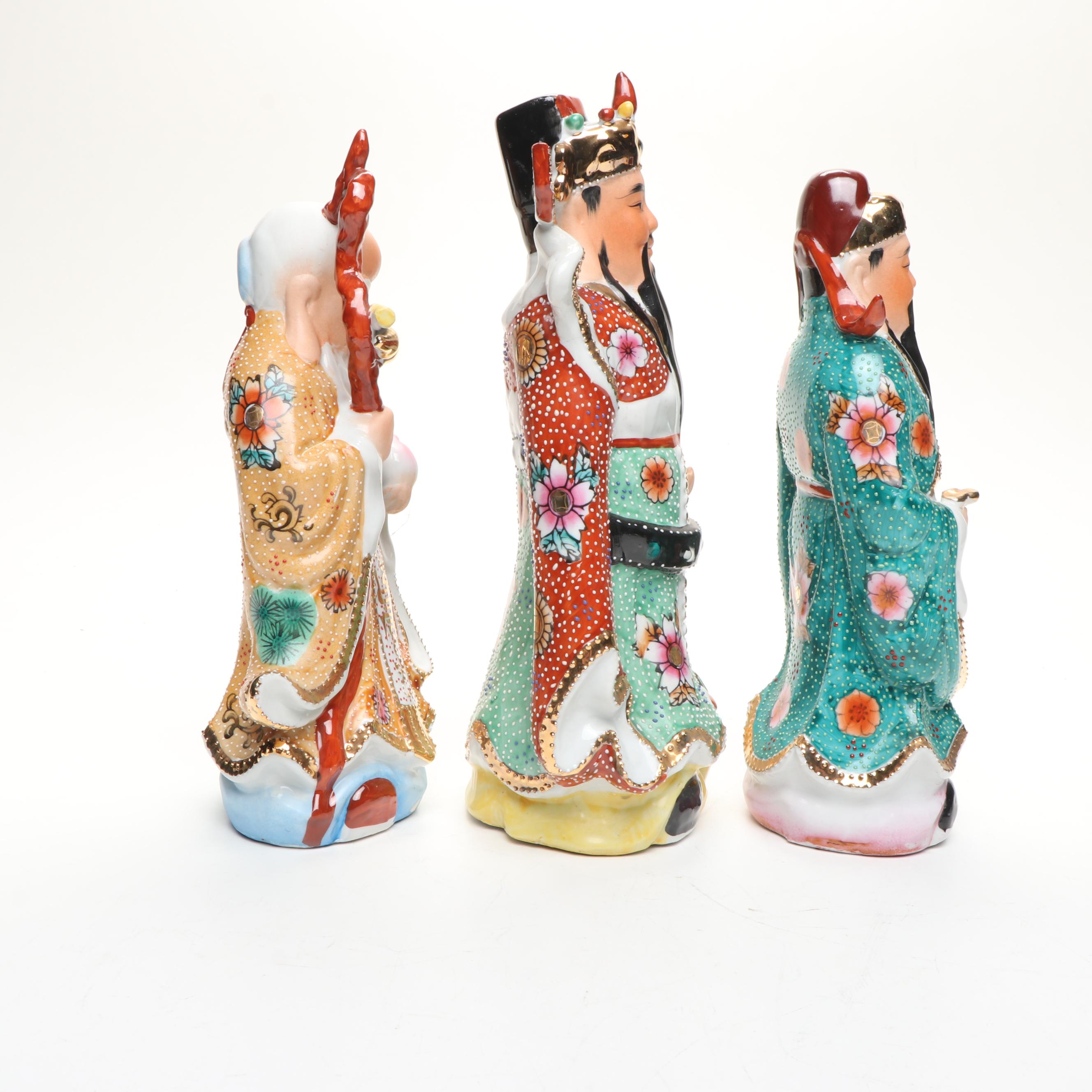 Chinese Hand-Painted Gilt Porcelain Sanxing Deities with Raised Slip Decoration