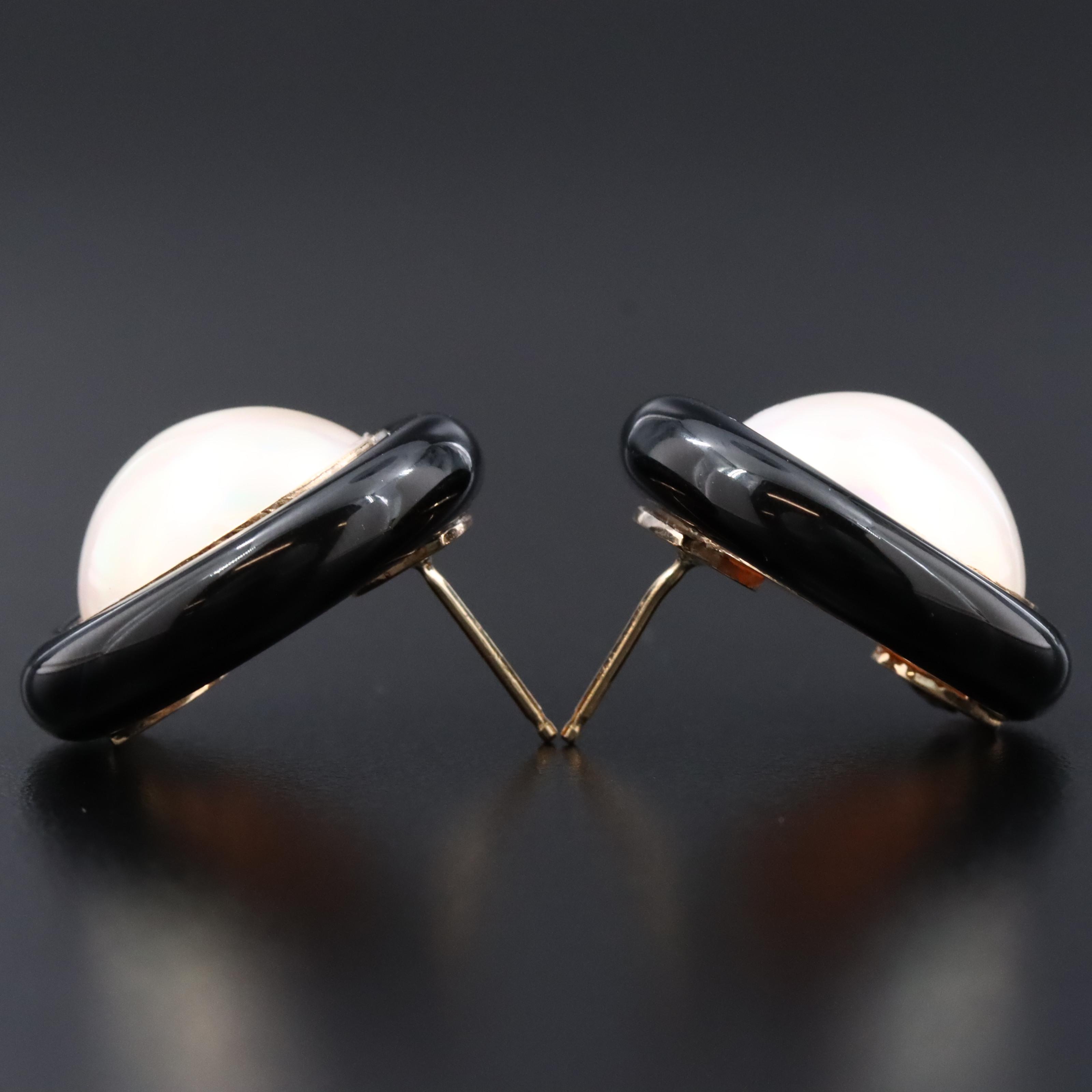 14K Pearl and Black Onyx Button Earrings