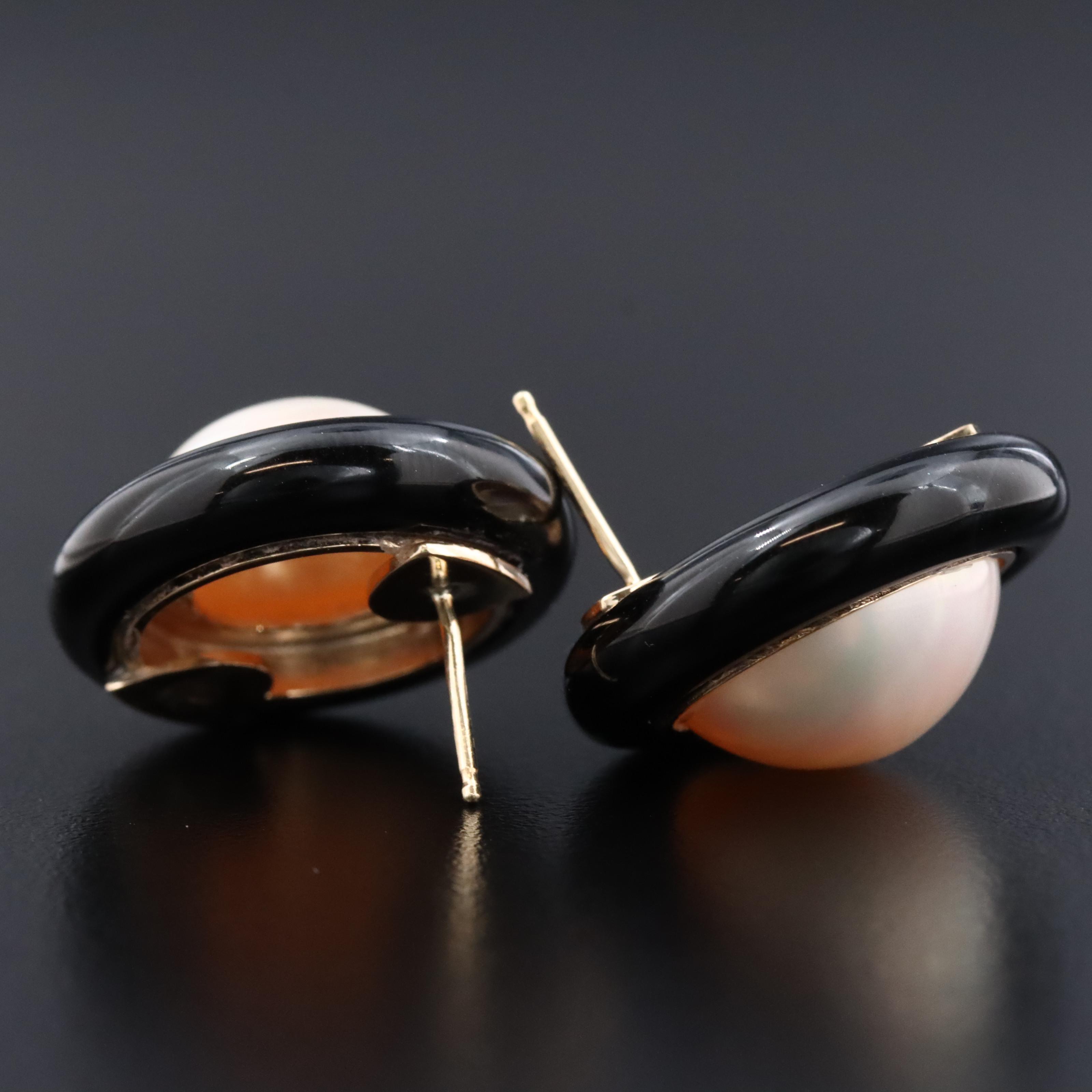 14K Pearl and Black Onyx Button Earrings