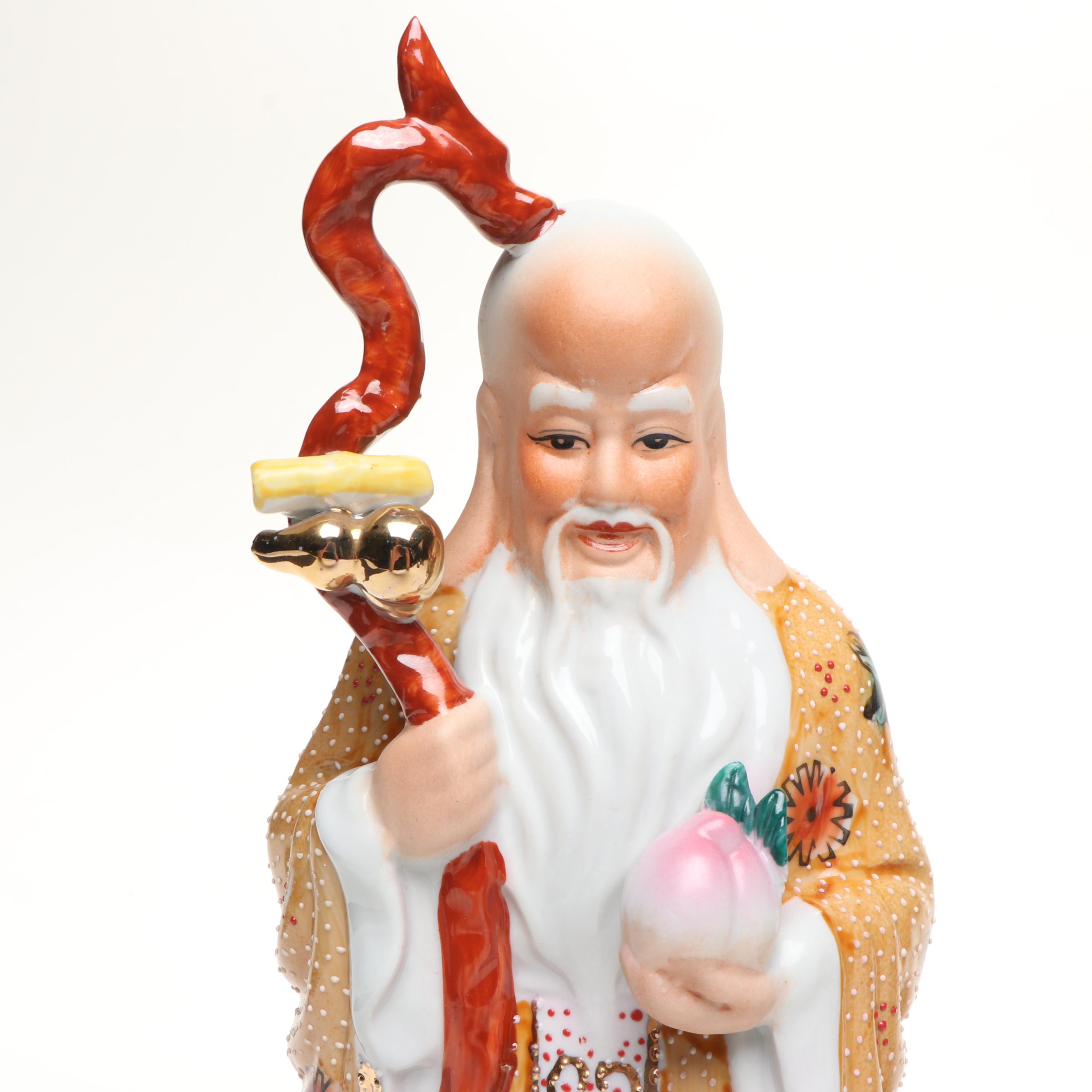 Chinese Hand-Painted Gilt Porcelain Sanxing Deities with Raised Slip Decoration