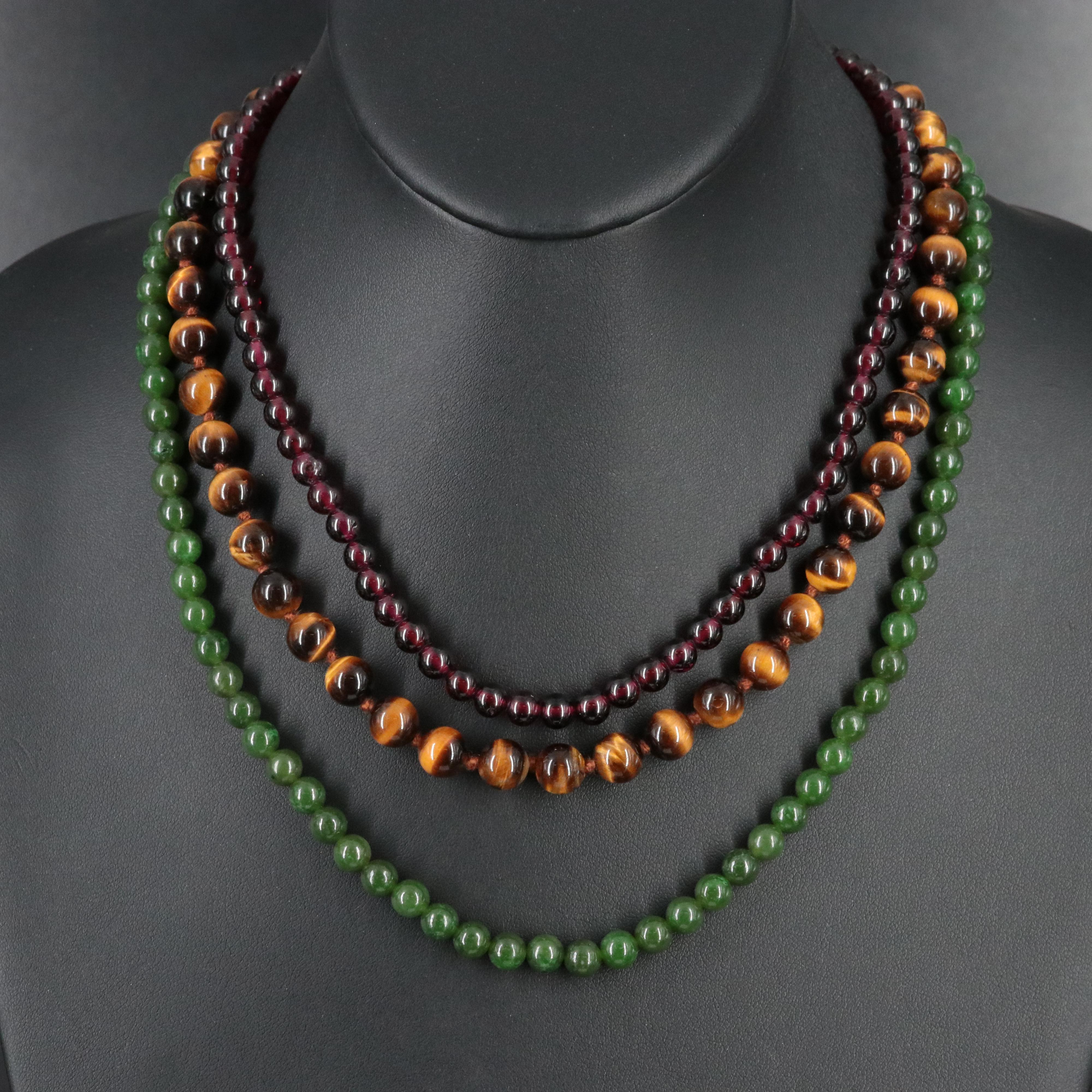 Garnet, Serpentine and Tiger's Eye Necklaces