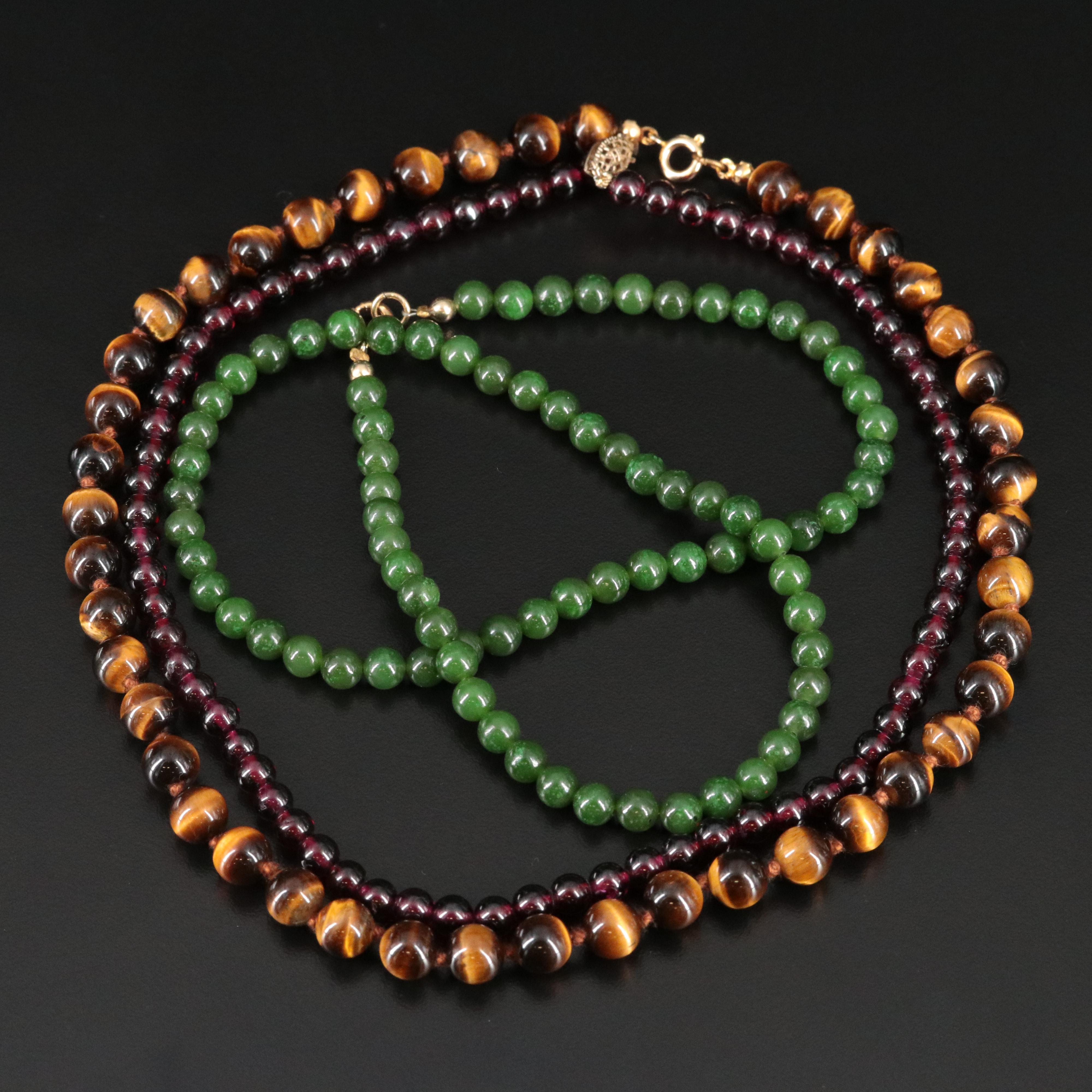Garnet, Serpentine and Tiger's Eye Necklaces