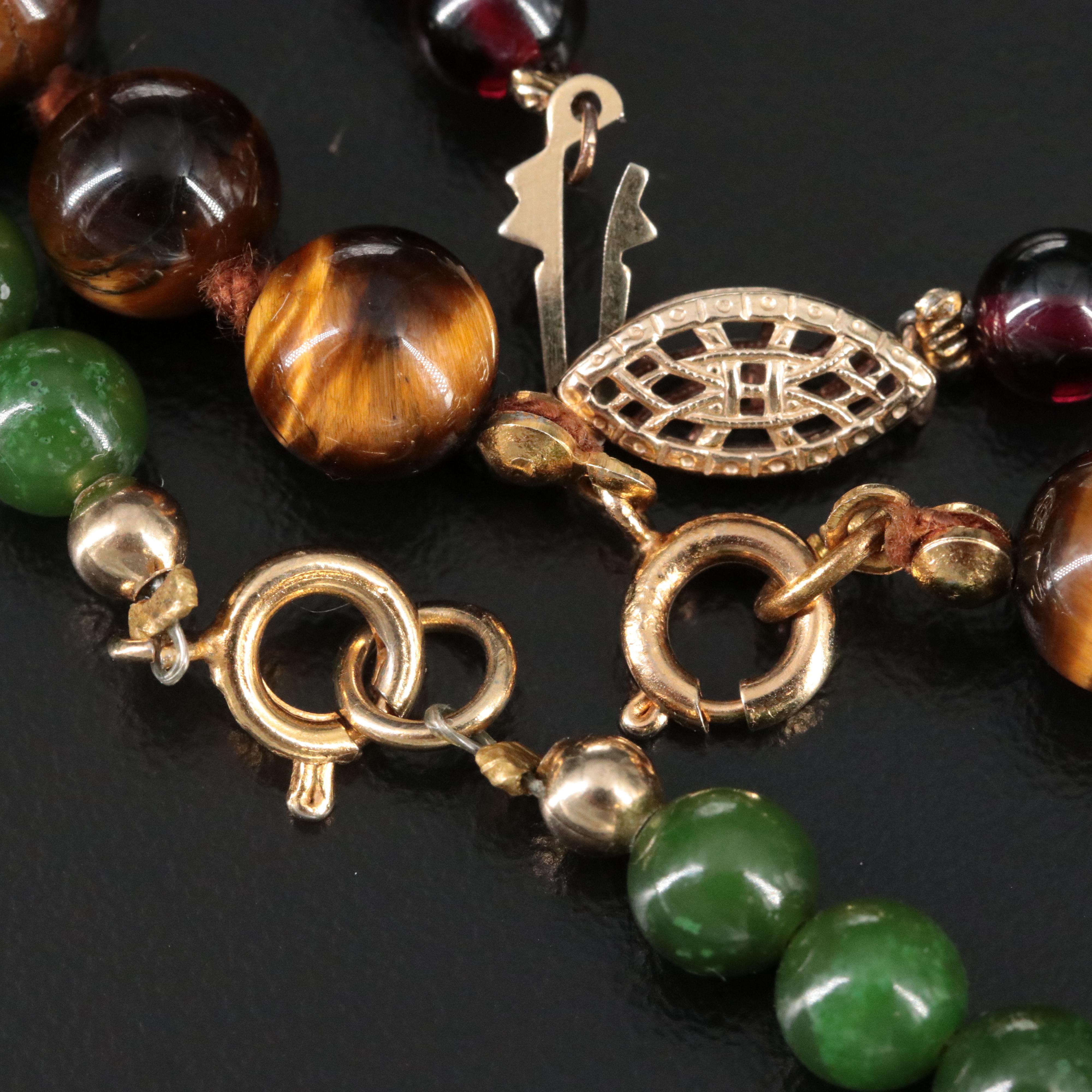 Garnet, Serpentine and Tiger's Eye Necklaces