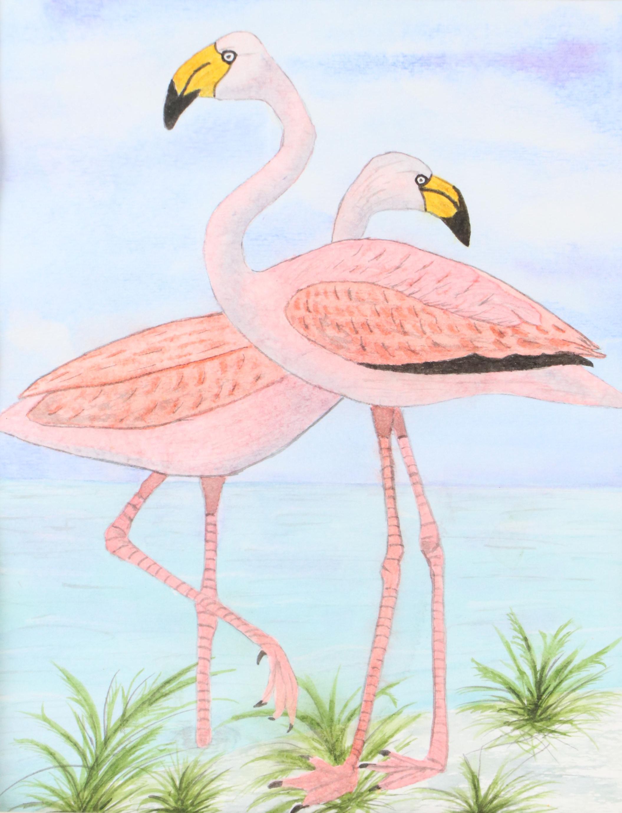 Coastal Landscape With Flamingoes Watercolor Painting