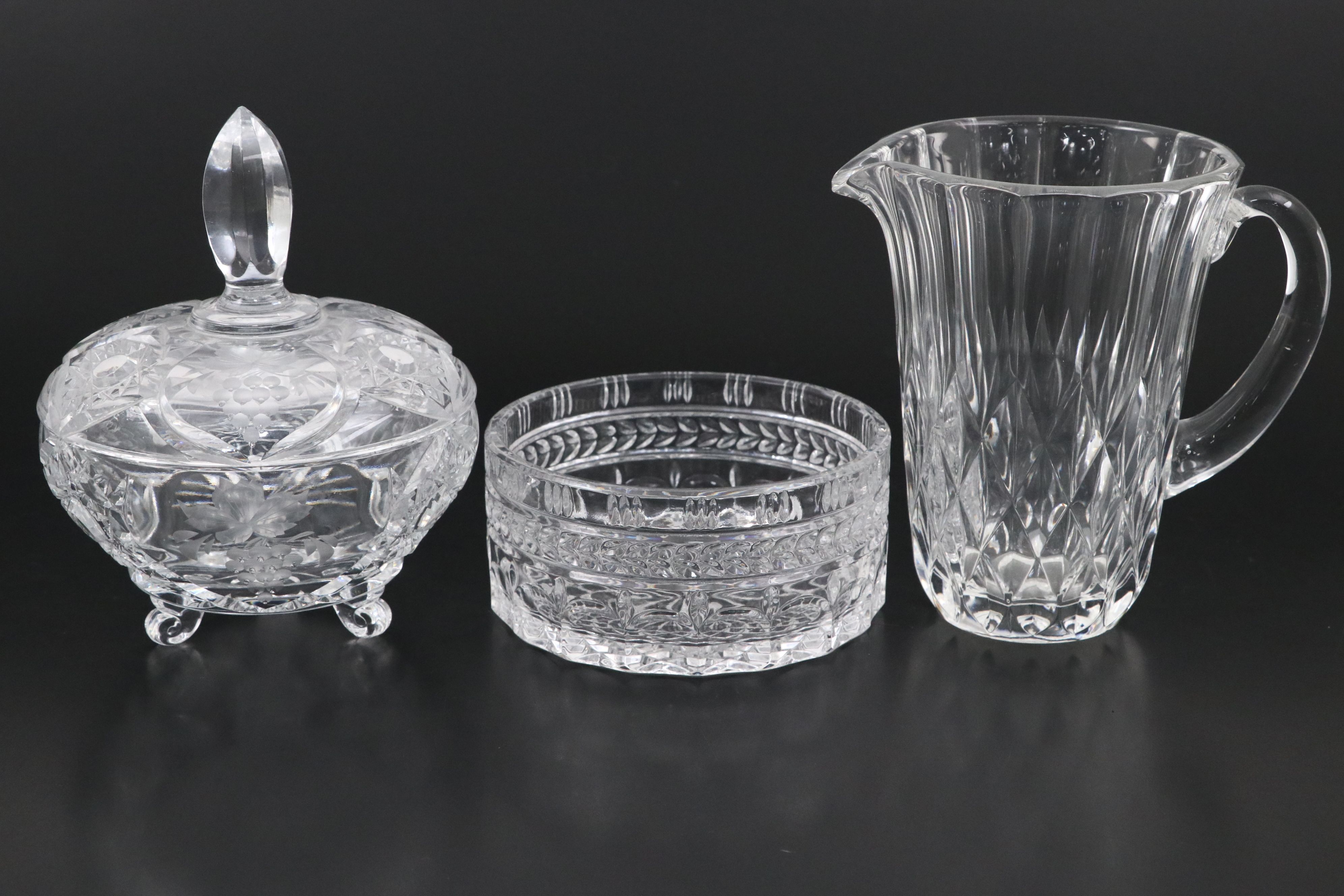 Cut Crystal Footed Candy Dish with Pitcher and Other Serveware