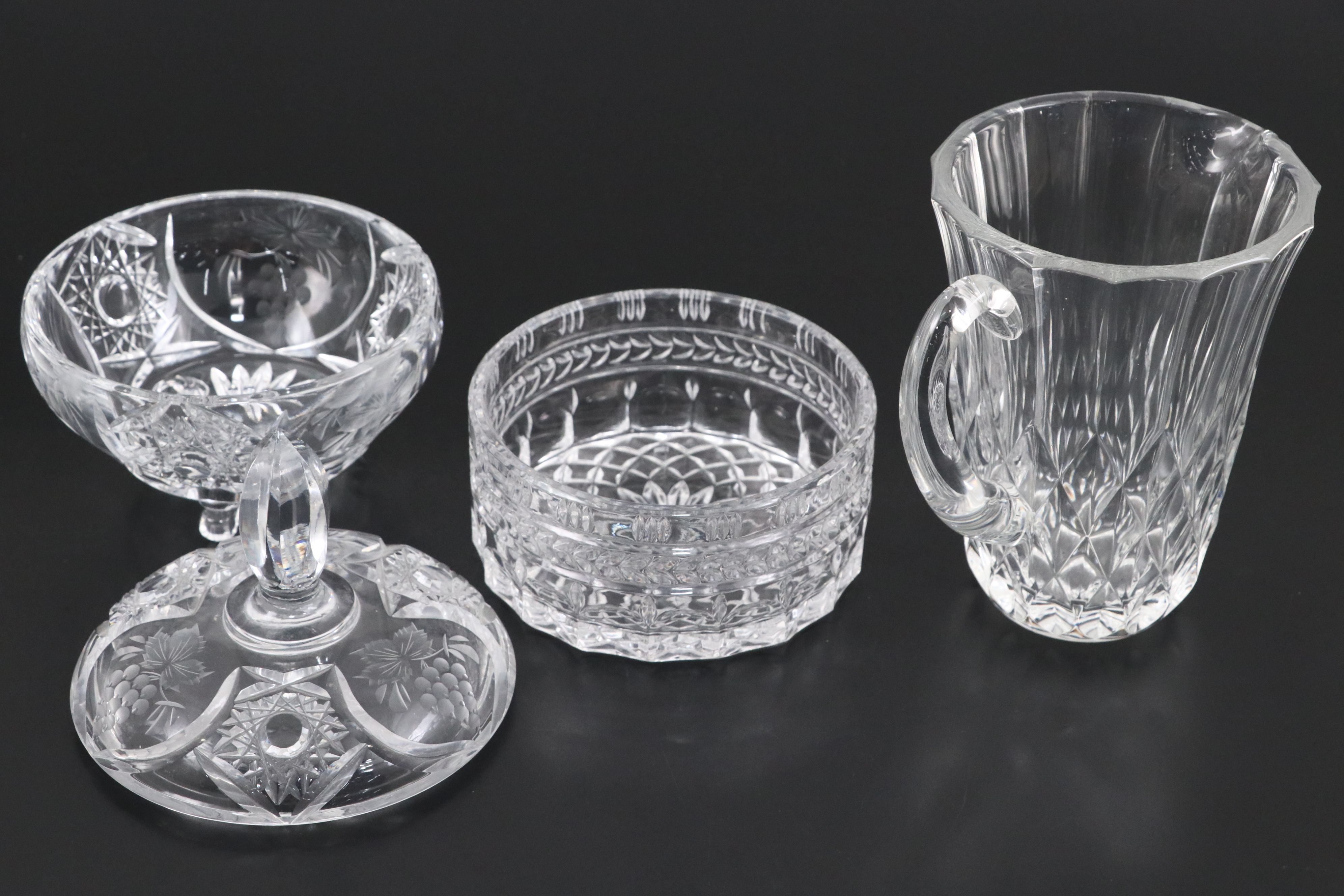 Cut Crystal Footed Candy Dish with Pitcher and Other Serveware