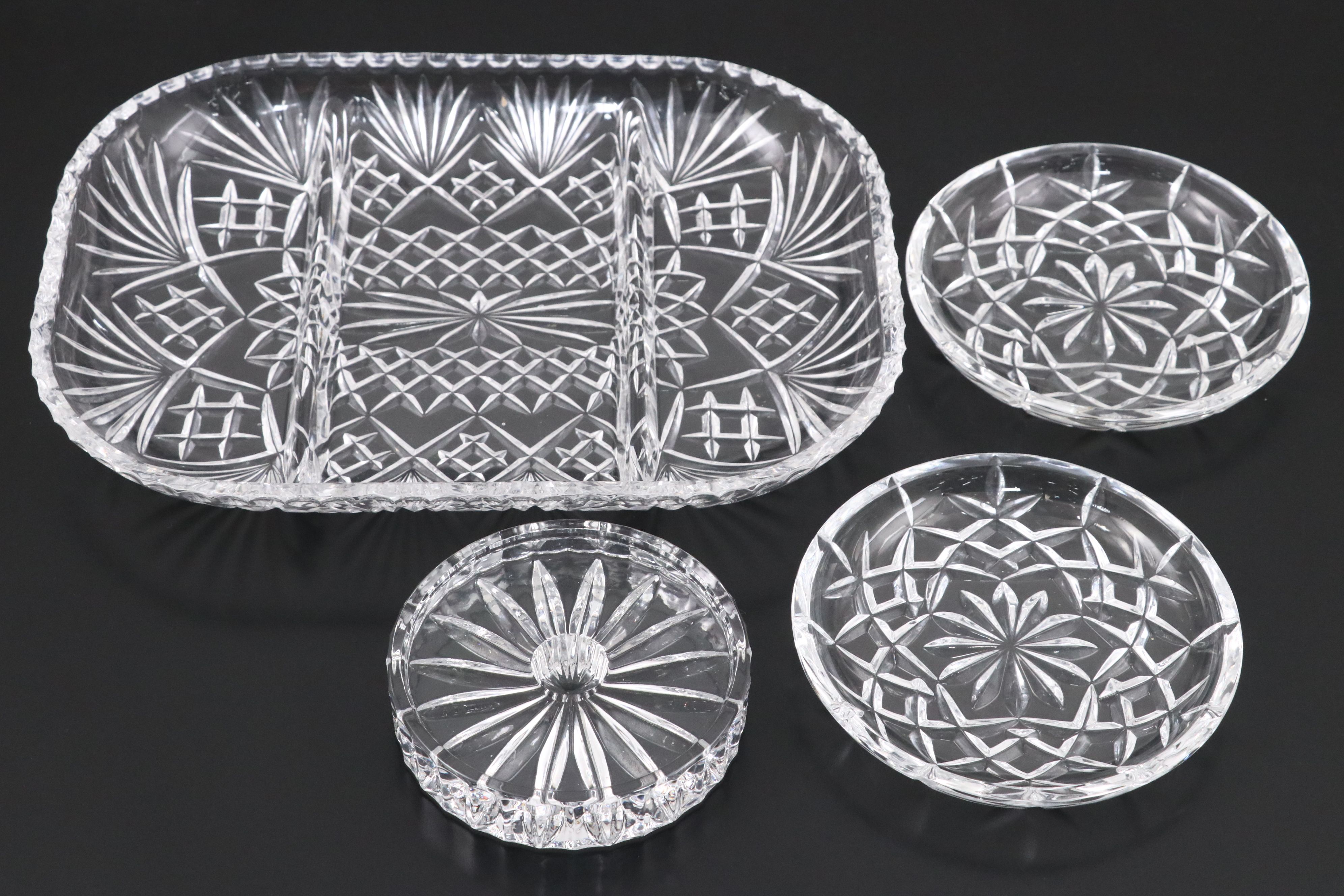 Cut Crystal Footed Candy Dish with Pitcher and Other Serveware